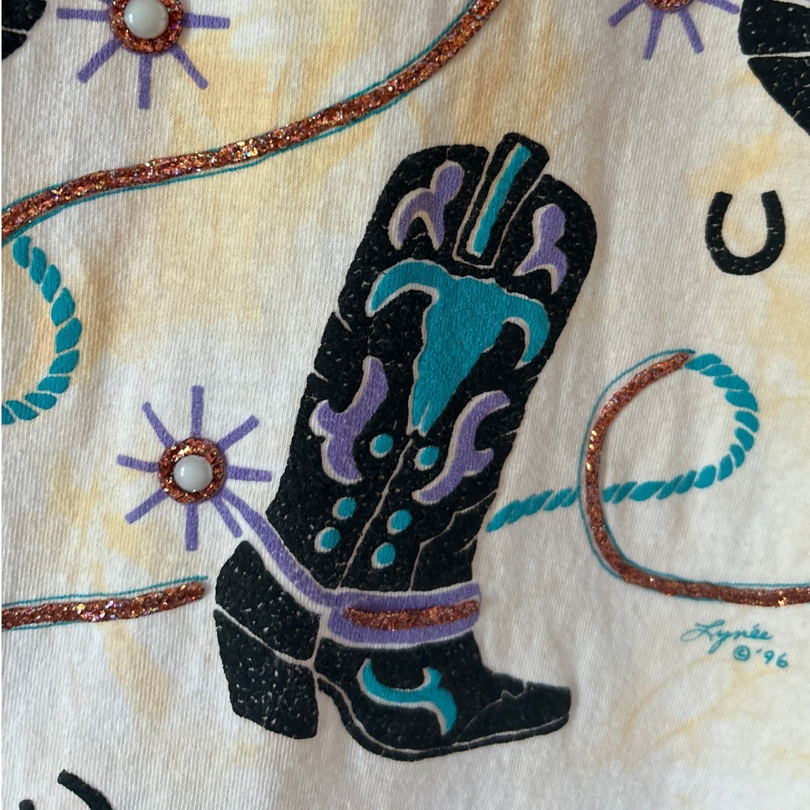 Vintage 90s Cowboy Boots Western T Shirt M Cotton Glitter Puff Paint Lynée USA