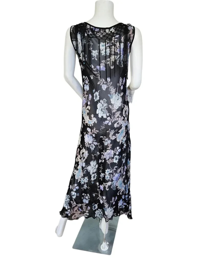 Temptations 1990 Black Rayon Gauze Floral Bias Cut Dress XL Piano Shawl Fringe