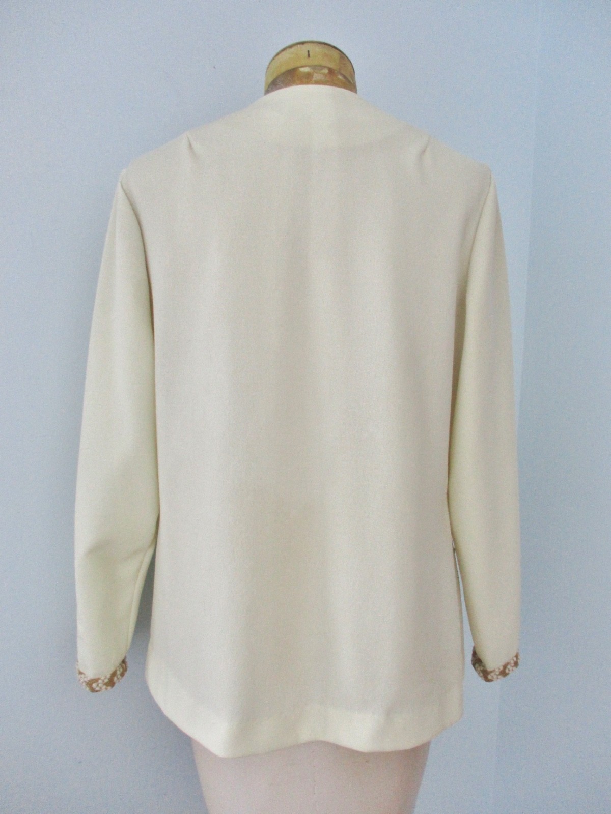 Vtg 60s 70s Cream Sparkly Gold ZigZag Knit 2-Pc Maxi Dress Gown Jacket Suit S/M