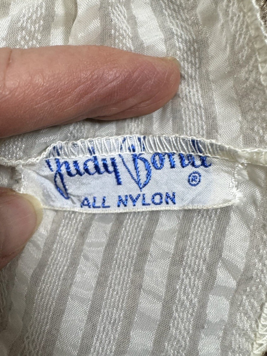Vintage 50s Sheer Ivory Nylon Blouse Size 38 Short Sleeve Striped Point Collar