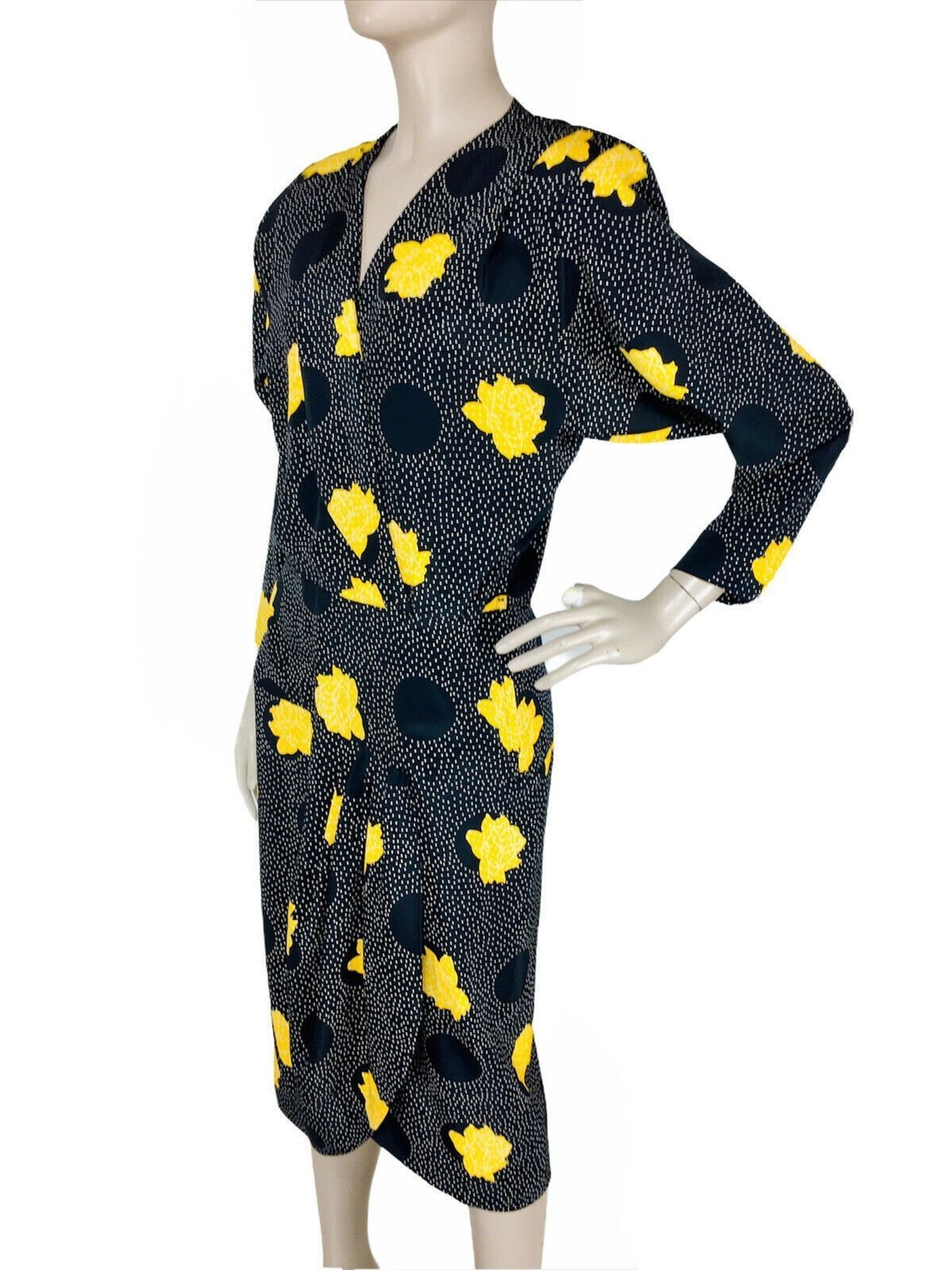 Vintage 60s 70s Black Yellow Floral Circle Polka Dot Surplice Sheath Dress S.M