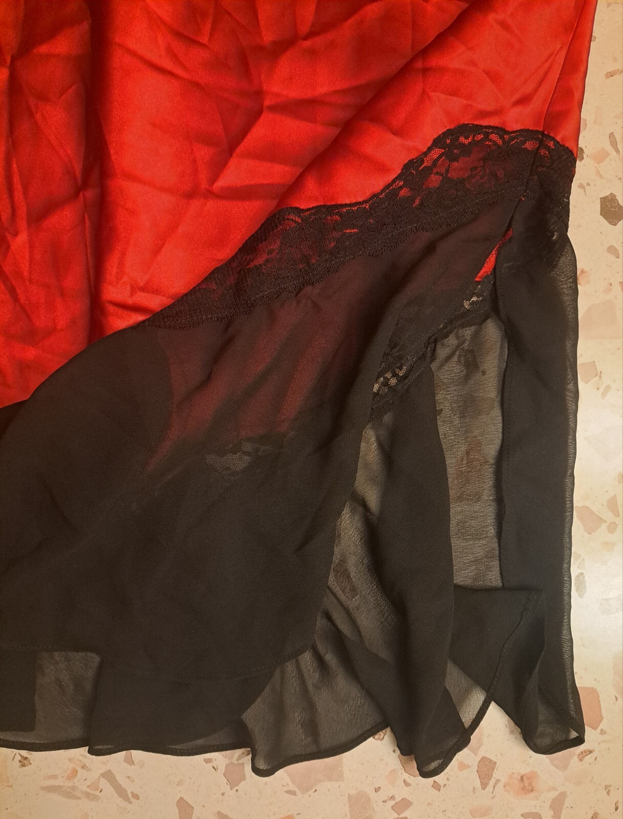 Vtg Secret Treasures Red Satin Babydoll Chemise XL 16/18 Black Lace Mesh 90s