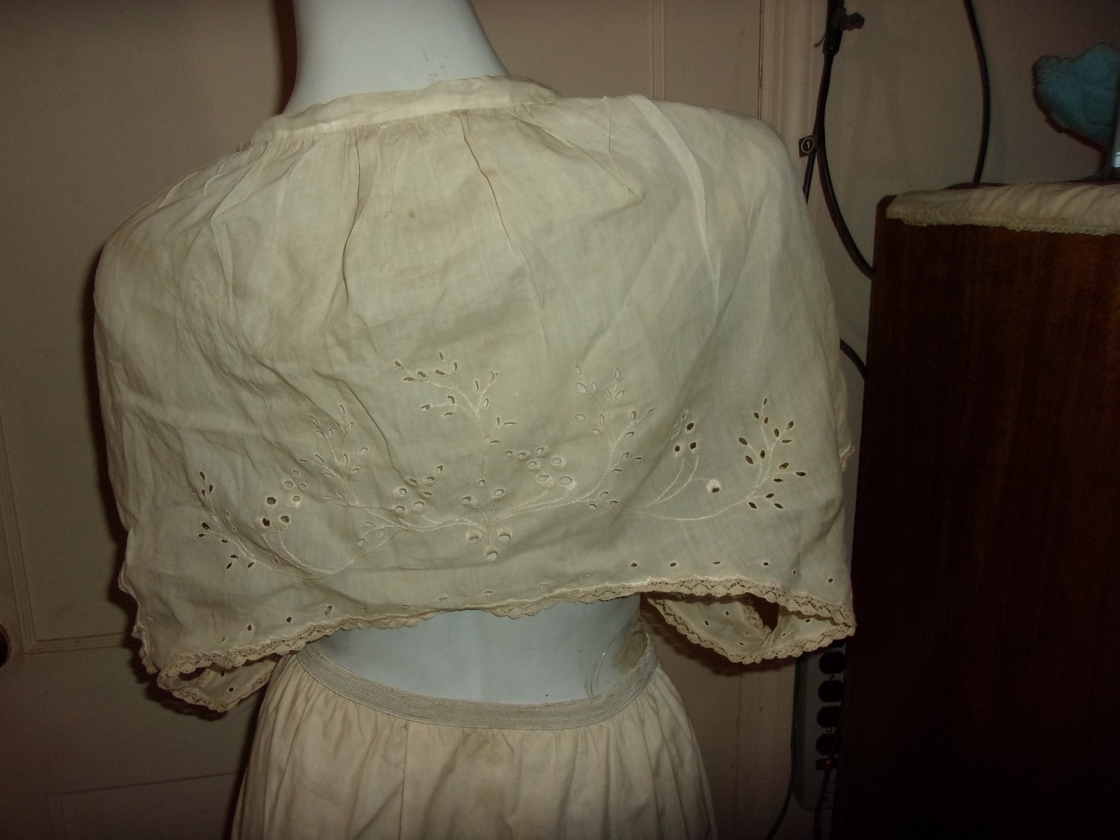 Antique Edwardian Camisole /Petticoat Tan Cotton Embroidered Eyelet Lace