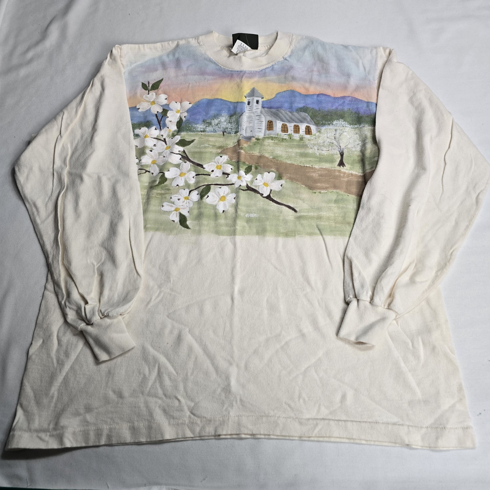 Vintage Hand Painted Dogwood Tree Church Long Sleeve Tee Timberland USA tshirt