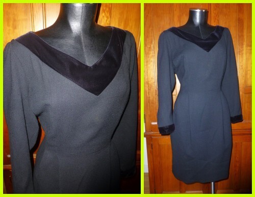 Vtg 80s ~ NIPON BOUTIQUE ~ Black Velvet trim Wool Crepe Sheath Dress sz 12