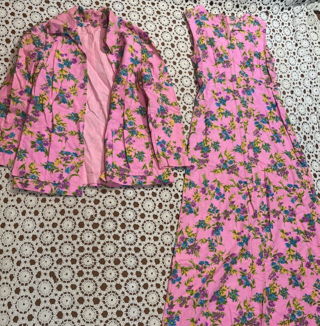 Vintage 60s 70s Pink Floral Dress & Blazer Jacket Set Hippie Boho Classic