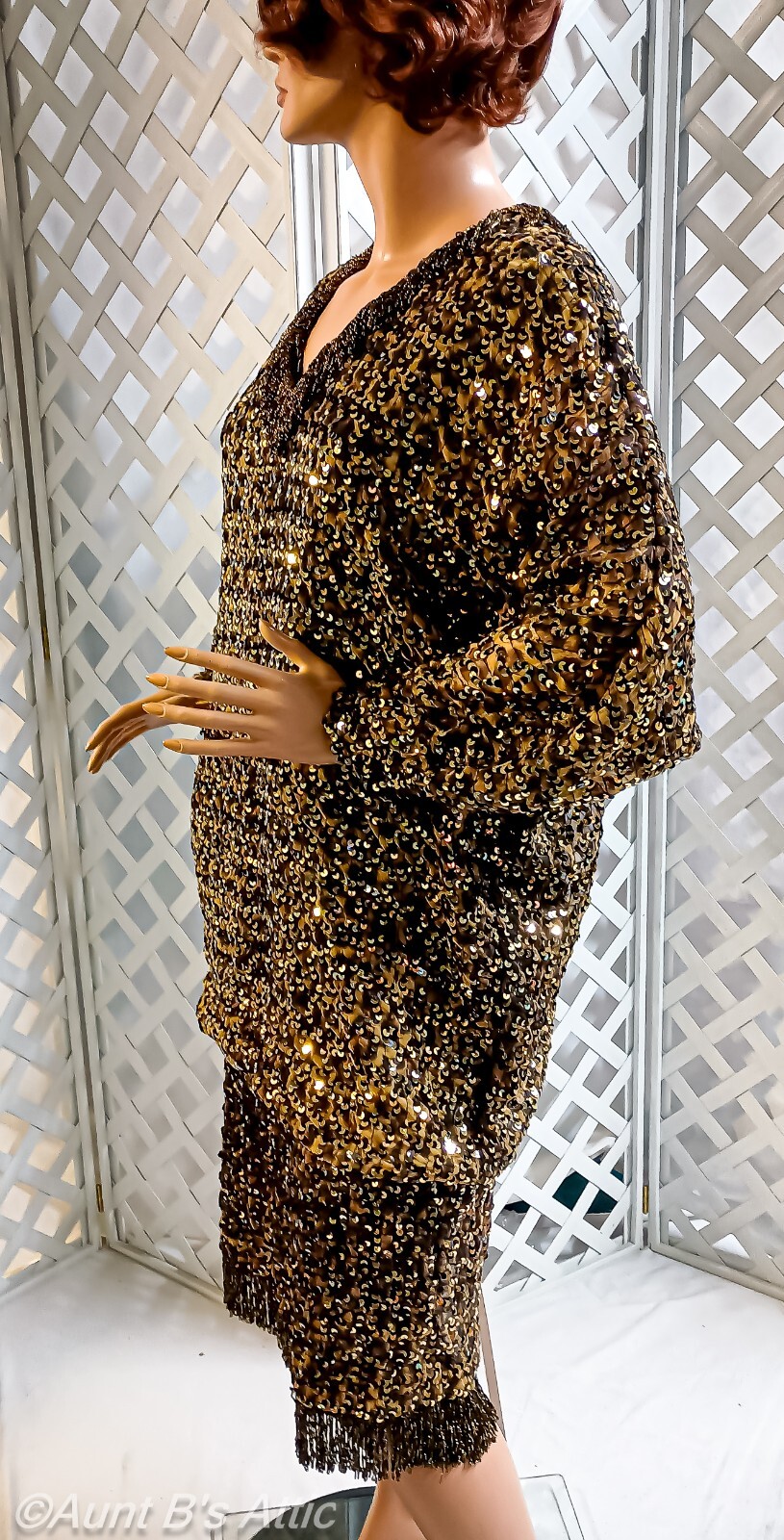 Vtg 80’s Damianou Br/Blk/Gold Leopard Print Sequin 20’s Style Drop Waist Dress L