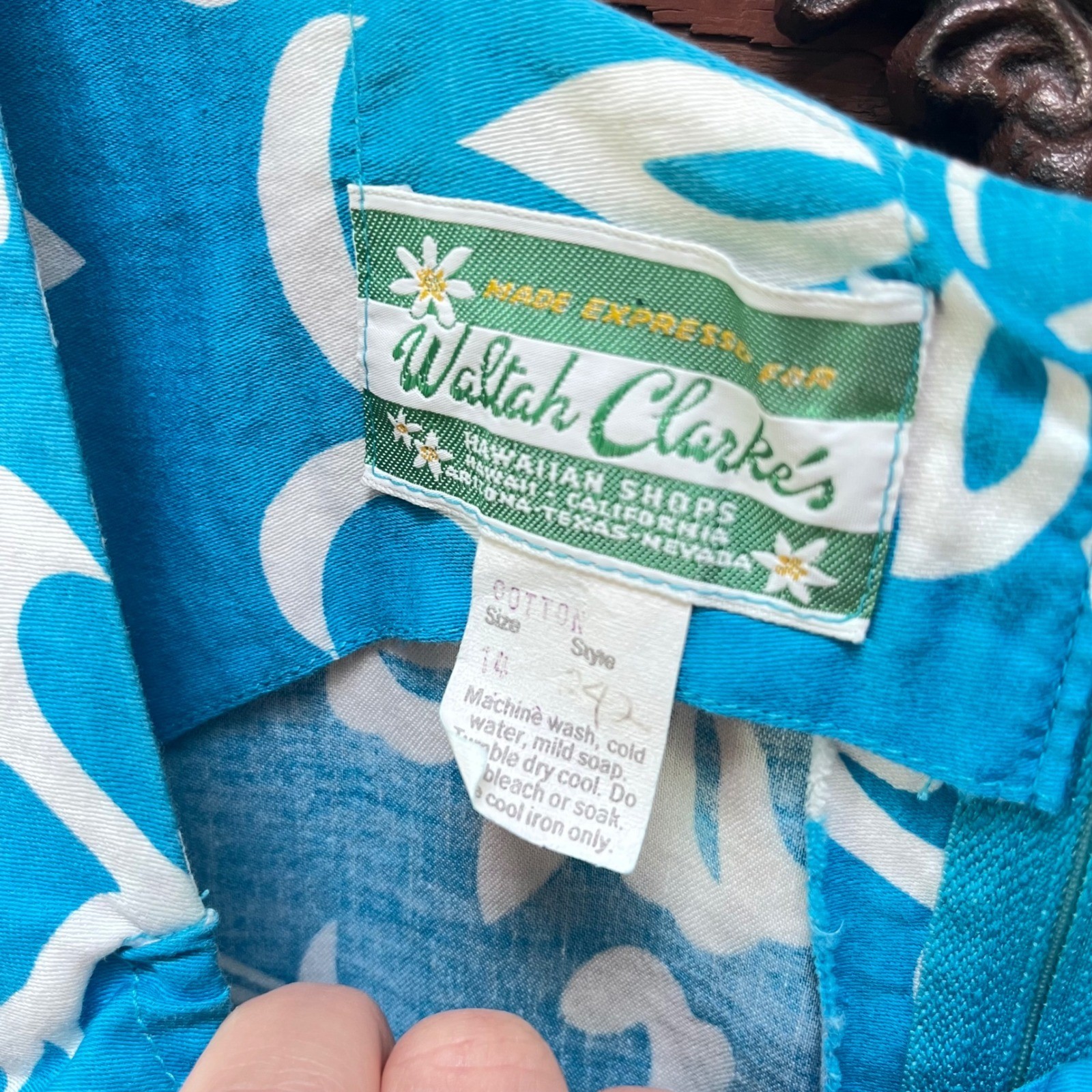 Waltah Clarke’s Vintage Hawaiian Maxi Dress Blue White Floral Cotton Womens 14