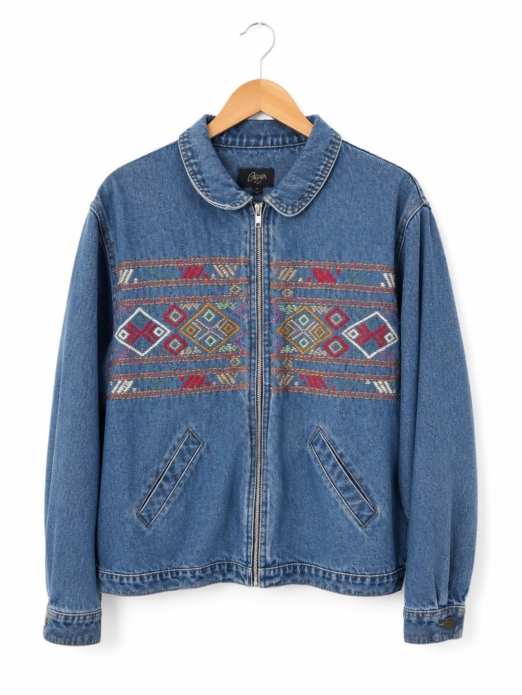 Agapo Vintage Denim Zip-Up Jacket with Multicolor Embroidered Panel Medium Boho