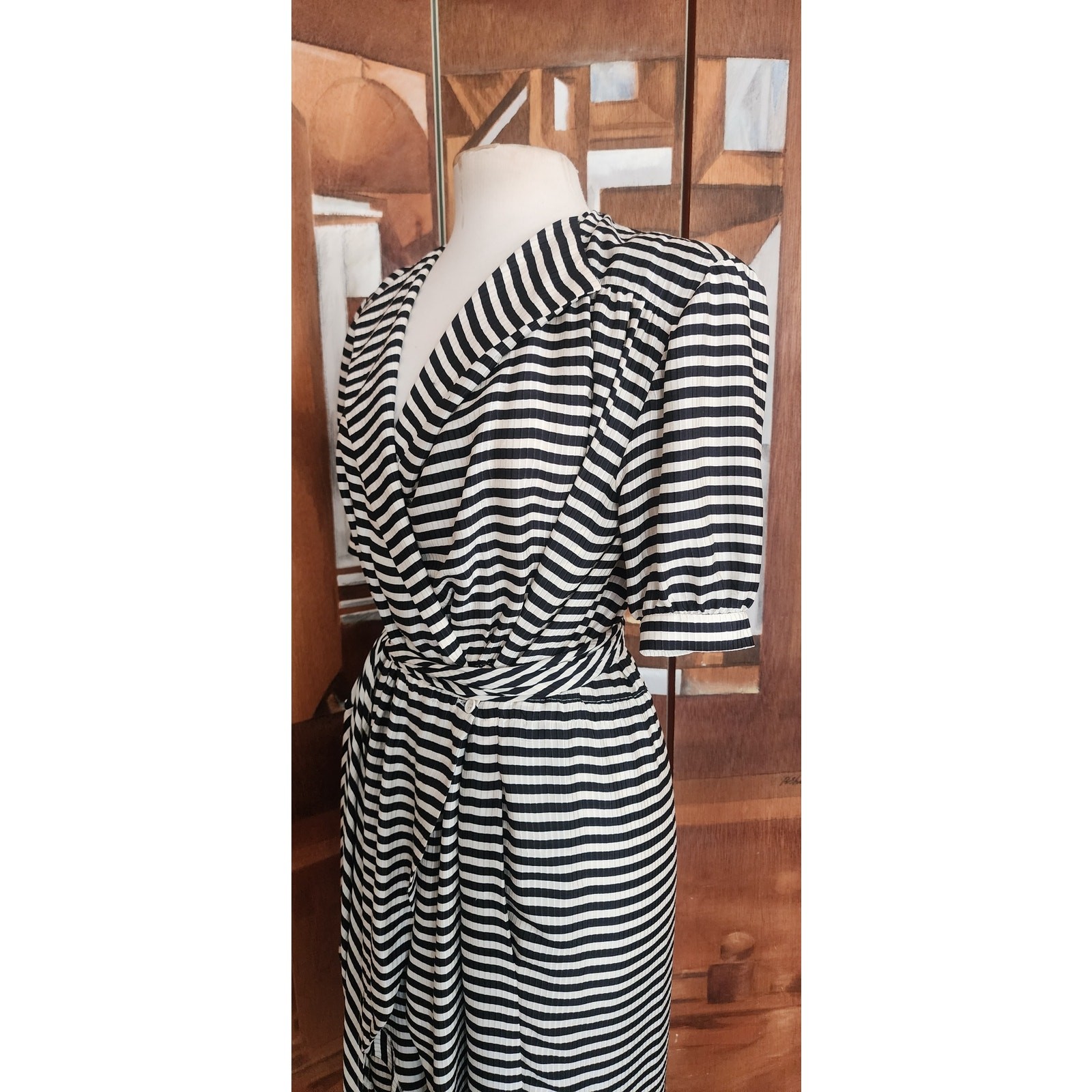 Vintage 1980s Archival Armani Dress Silk Striped Wrap Midi White Label IT 38