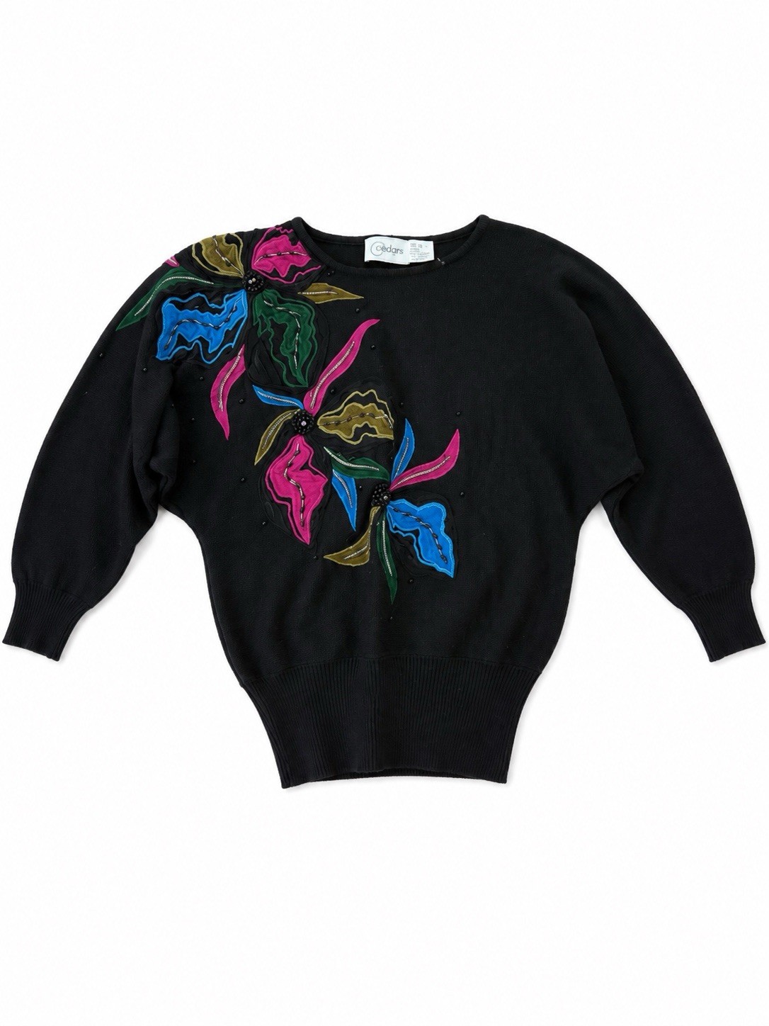 Vintage 1990’s Avant Garde Colorful Black Embellished Batwing Sweater M
