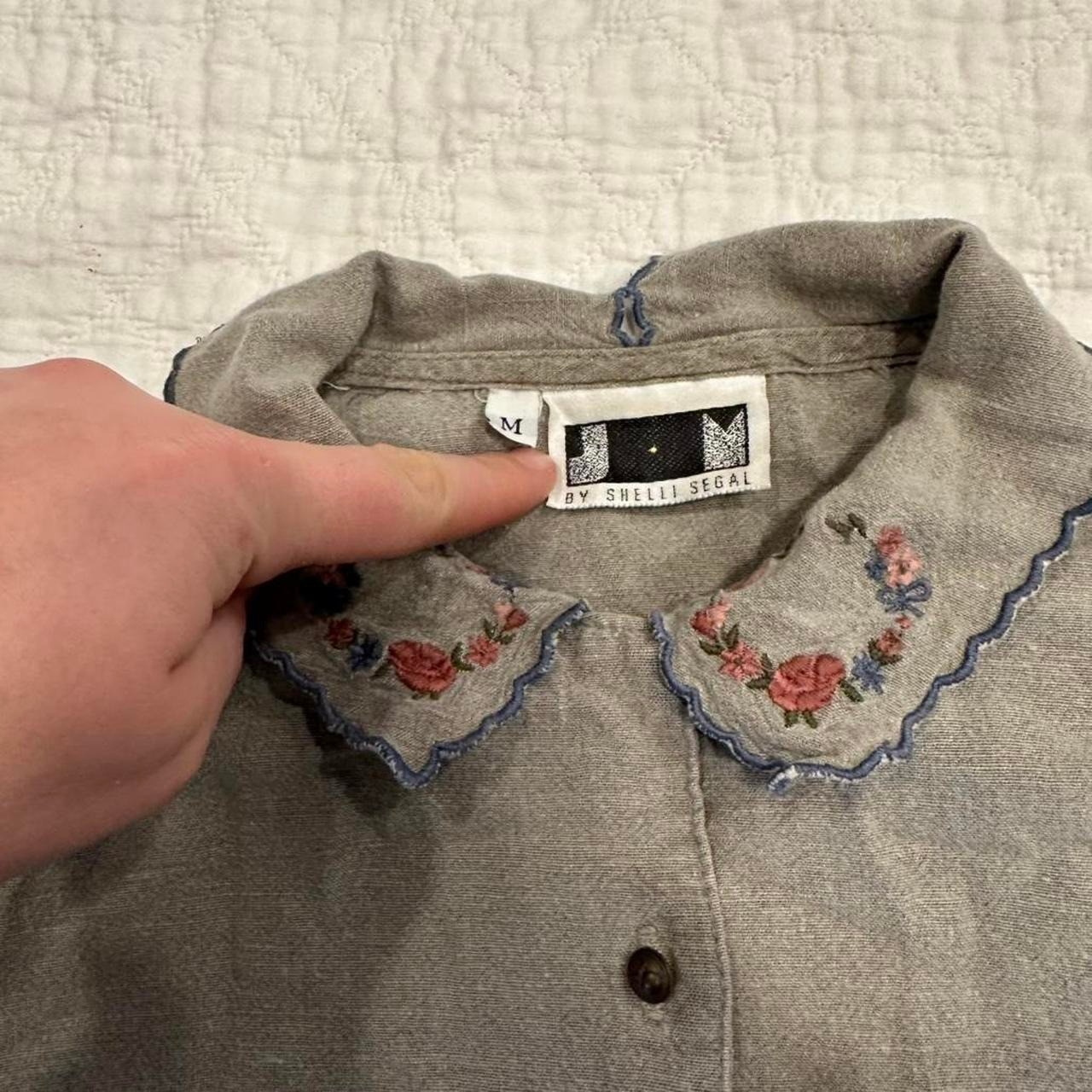 Vintage J.L.M. by Shelli Segal Gray Linen Blend Floral Embroidered Blouse M