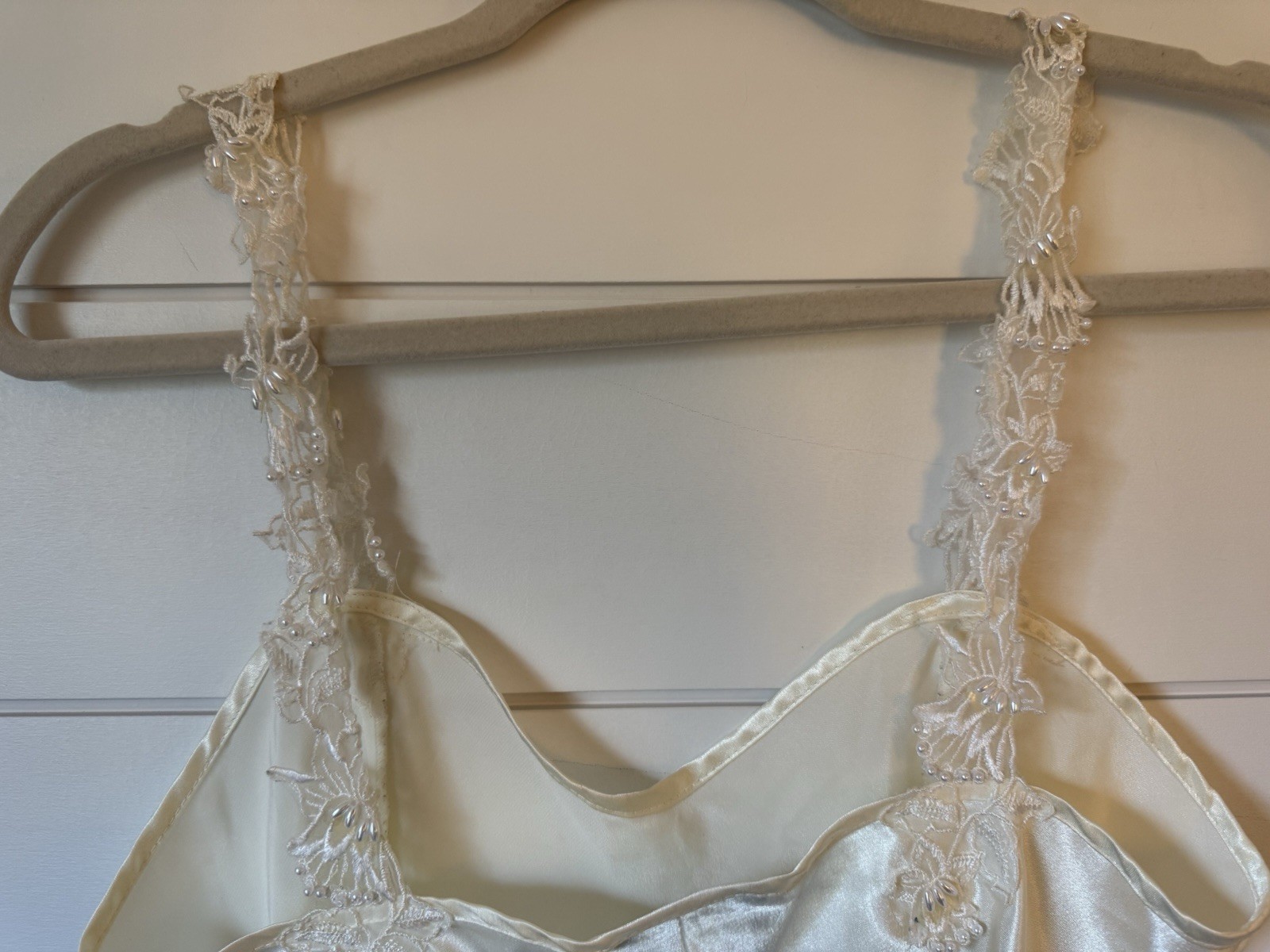 Ivory Satin Lace Slip Regular Size Pearl Lace Straps Sleepwear Lingere