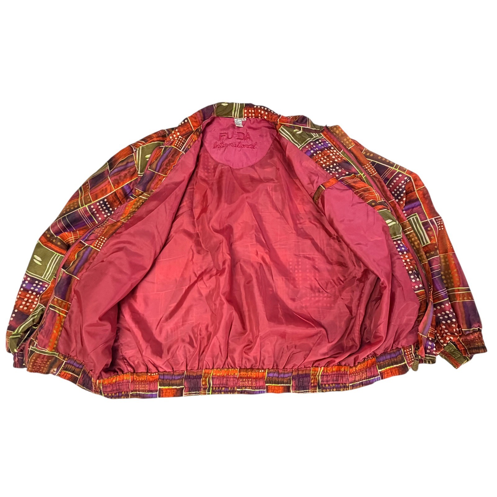 Fuda International Vintage 100% Silk Geometric Patchwork Bomber Jacket Large