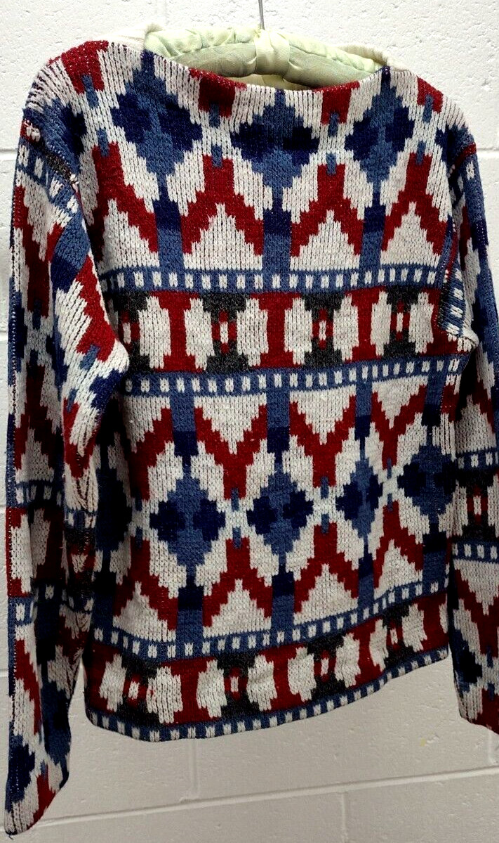 MCM Sweater Mid Century Holiday Burgundy Red White & Blues Mod Mock Neck Crew