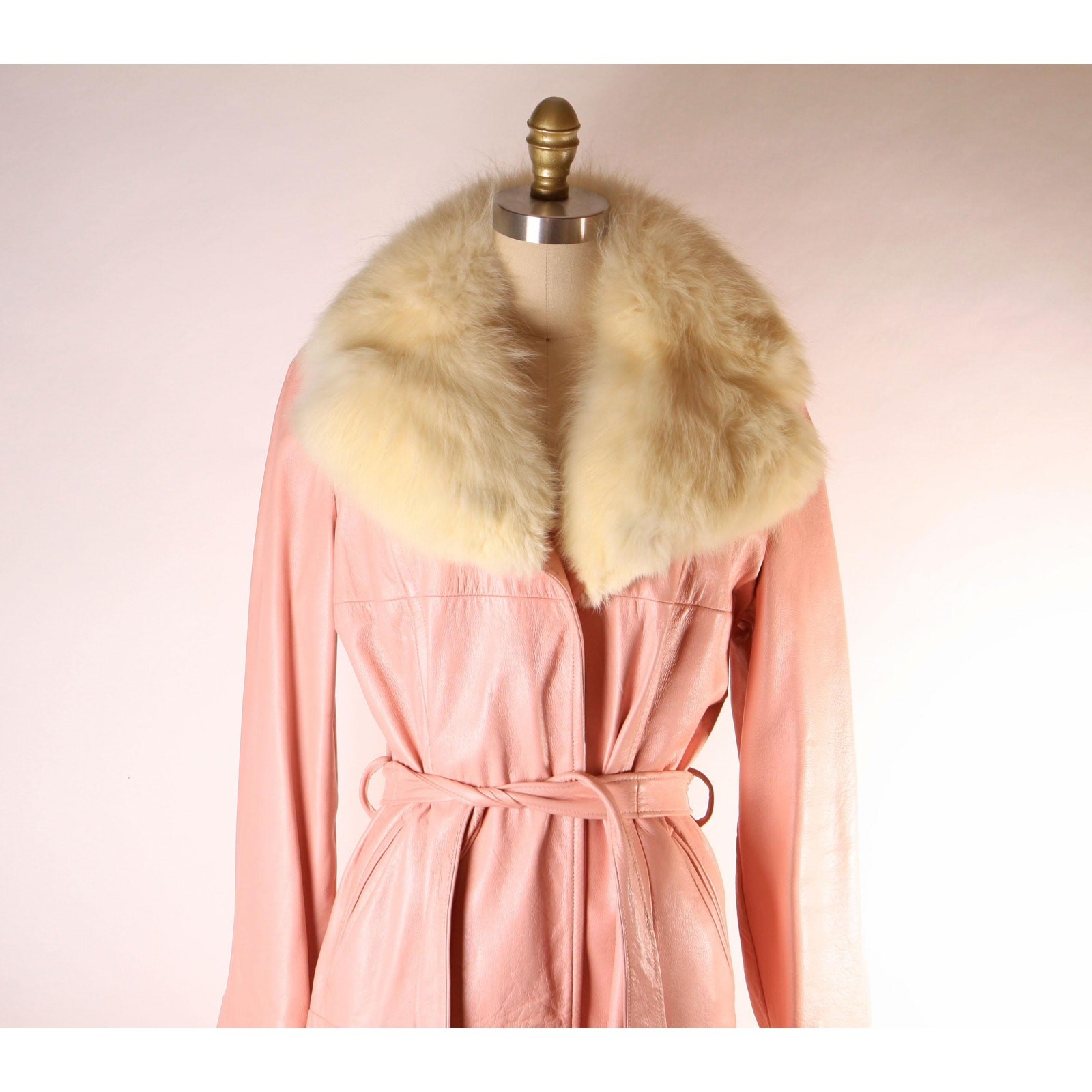 1970s Pink Leather Cream Fox Fur Trench Coat by New England Sportswear Company