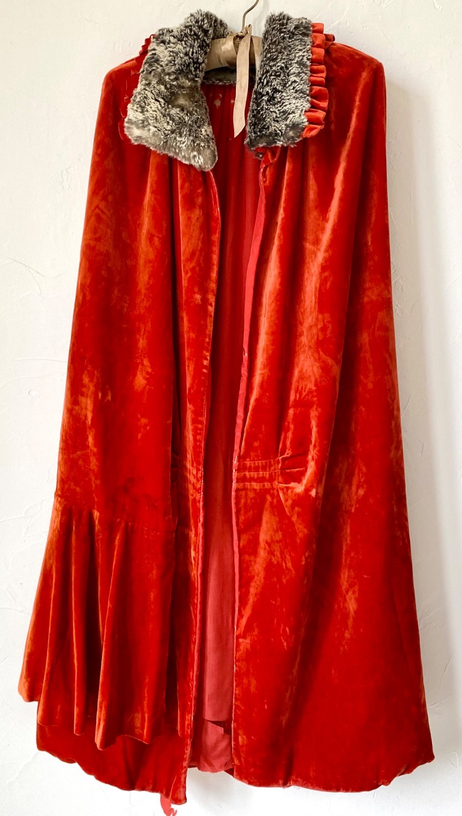 1920s Flame Orange Red Velvet Long Opera Cape w/ Fur Collar Flapper Girl Medium