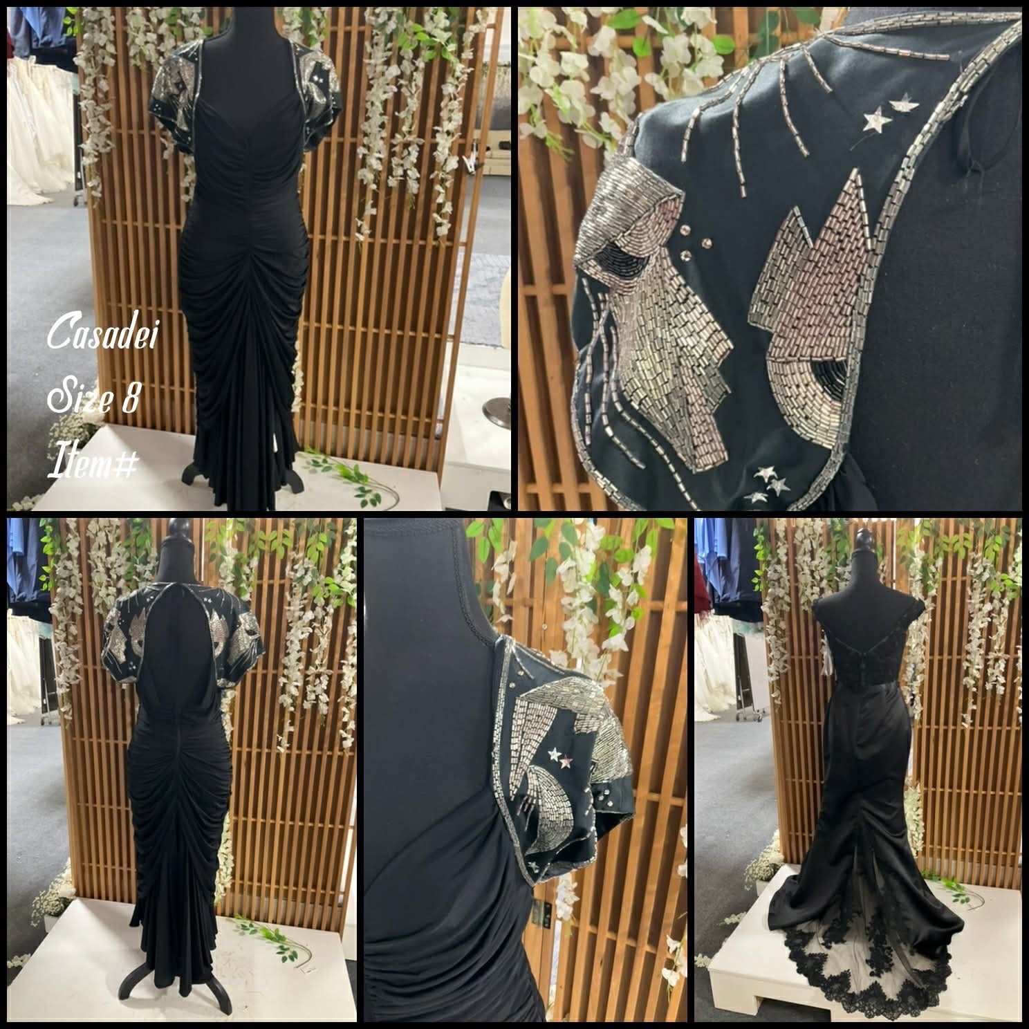 Vintage eletra casadei beaded sequin black flutter short sleeve dress formal med