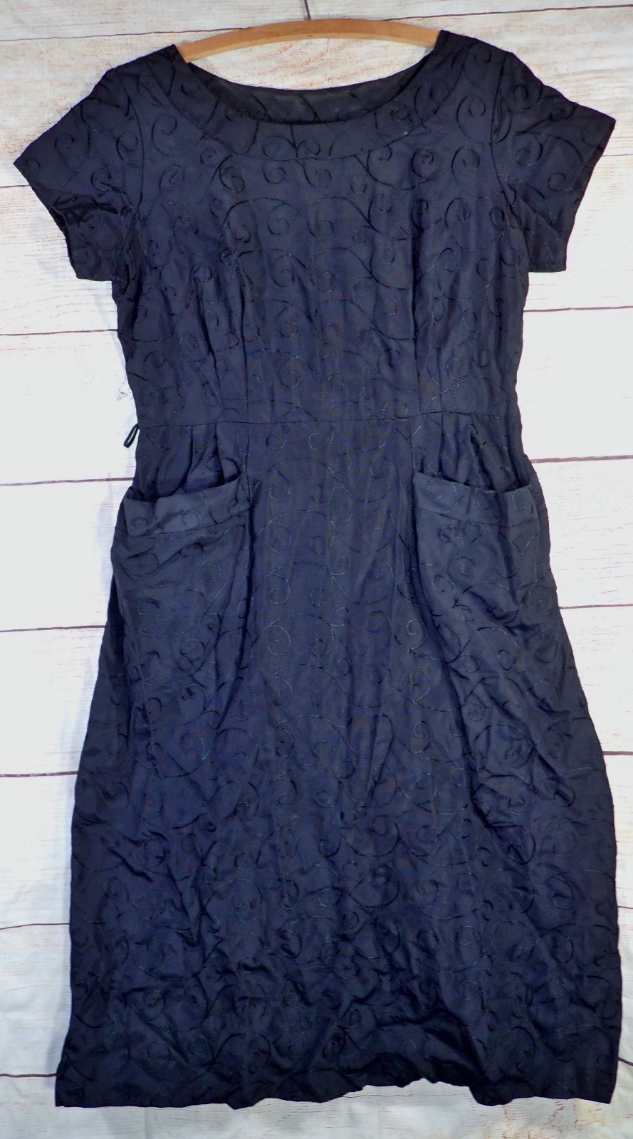 Vtg 50s PAT PERKINS Black Sheath Dress Pockets Embroidered Faille Wiggle M LBD