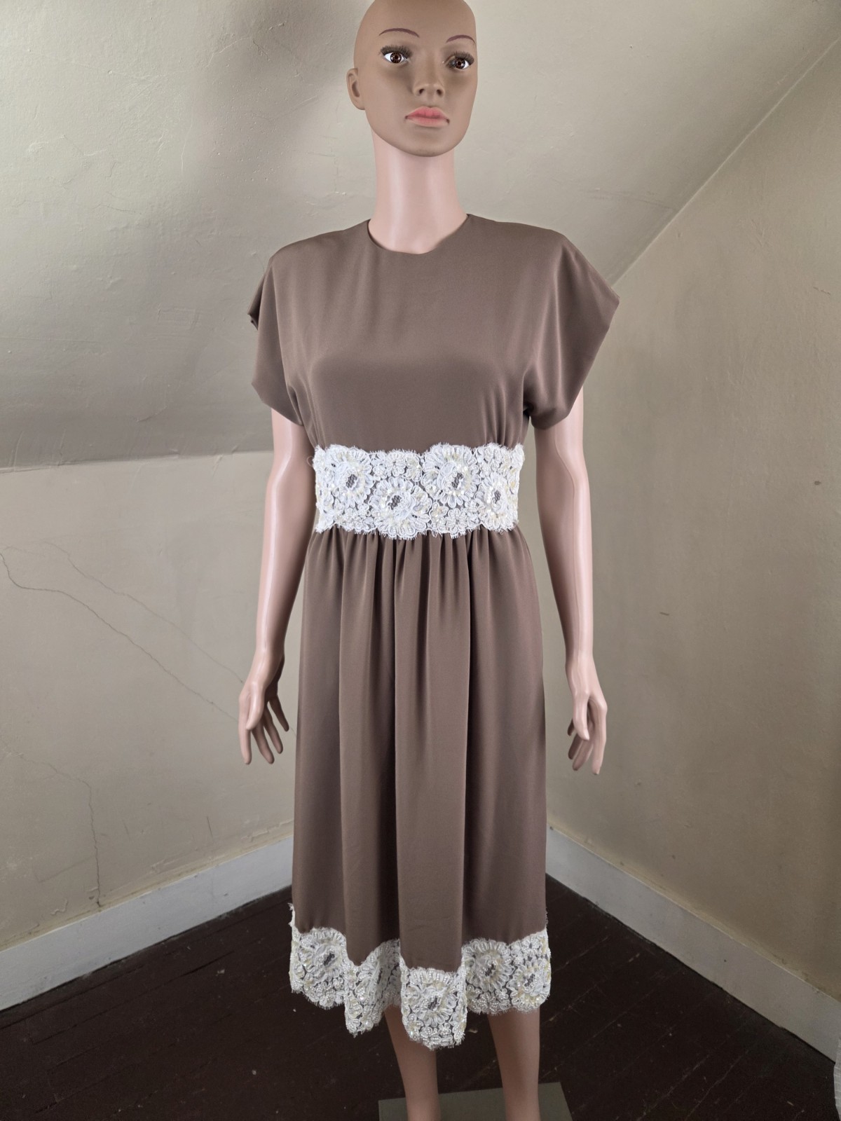 VTG William Pearson Brown Midi Dress Beaded Lace Trim Made USA Size 6 70s 80s