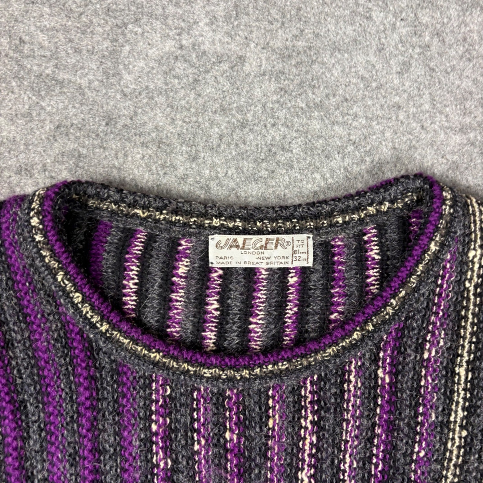Vintage Jaeger London Mohair Blend Striped Sweater Purple Grey Made in GB 32in