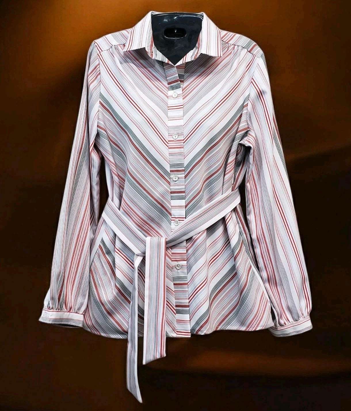Vtg 70s A Perfect Match Stripe Silky Poly Secretary Blouse Top Size 10