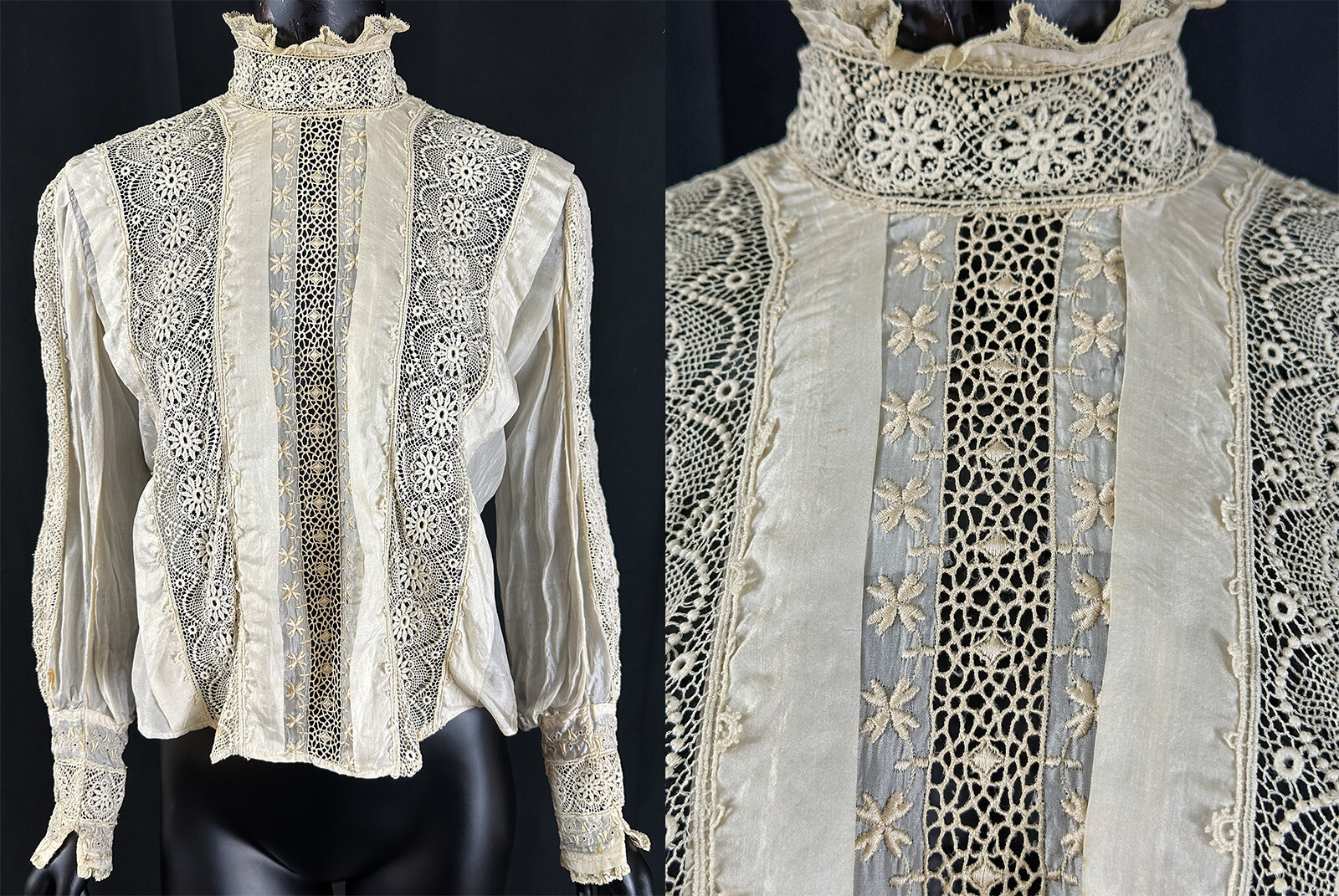 Edwardian Embroidered Ivory Cream Silk Lace High Collar Shirtwaist Blouse VTG