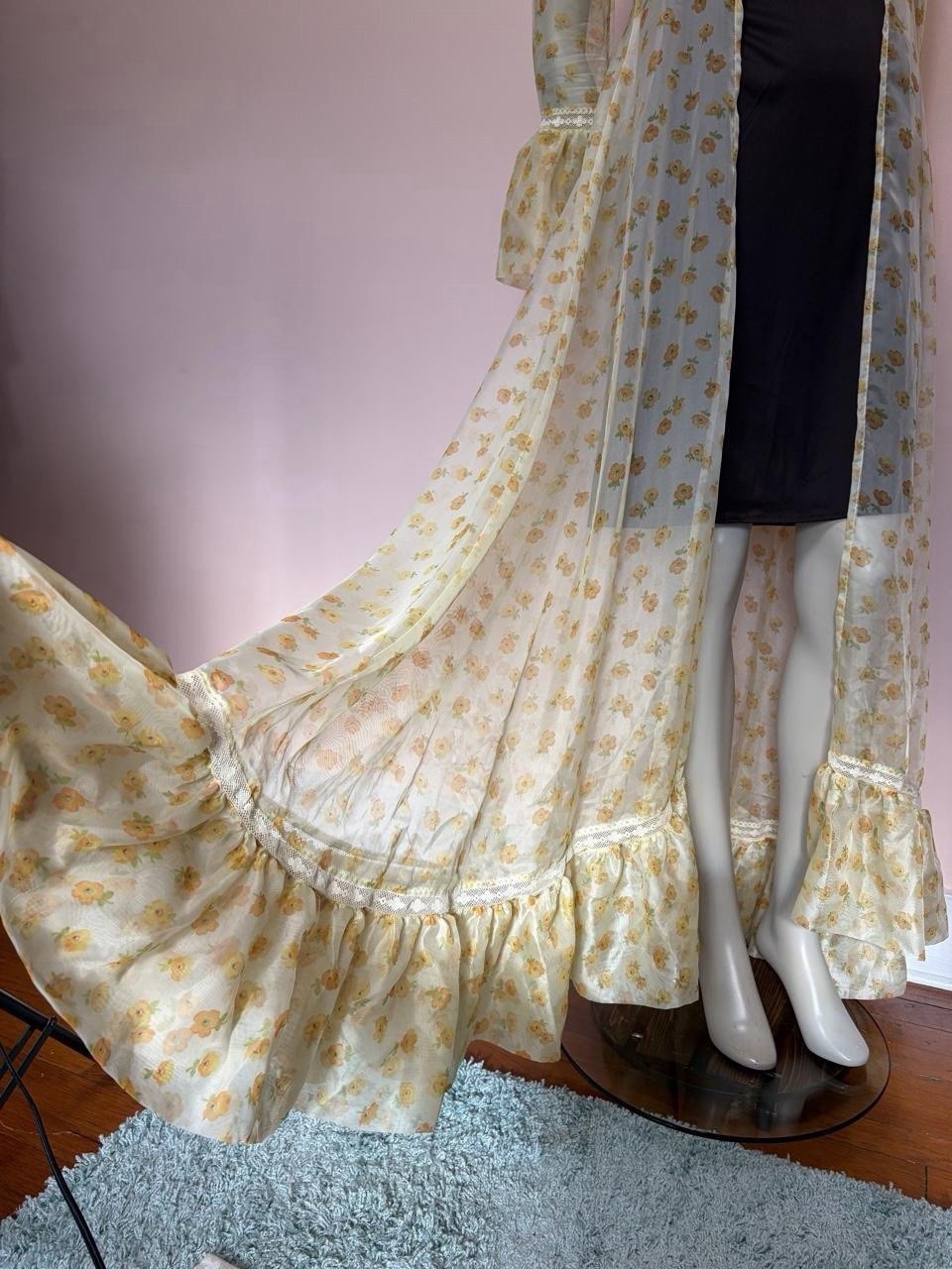 Vintage 70s Sheer Floral Maxi Hostess Gown Duster Dress Prairie Bell Sleeve S