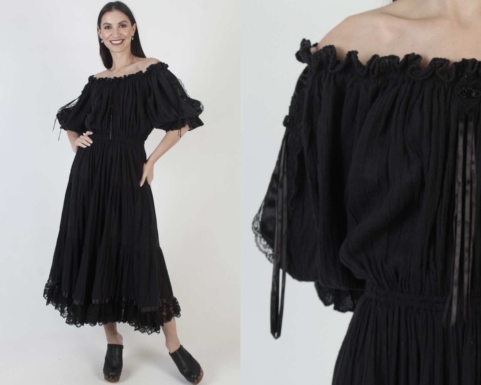 Vintage Anna Konya Black Gauze Dress Mexican India Designer Prairie 70s Sundress