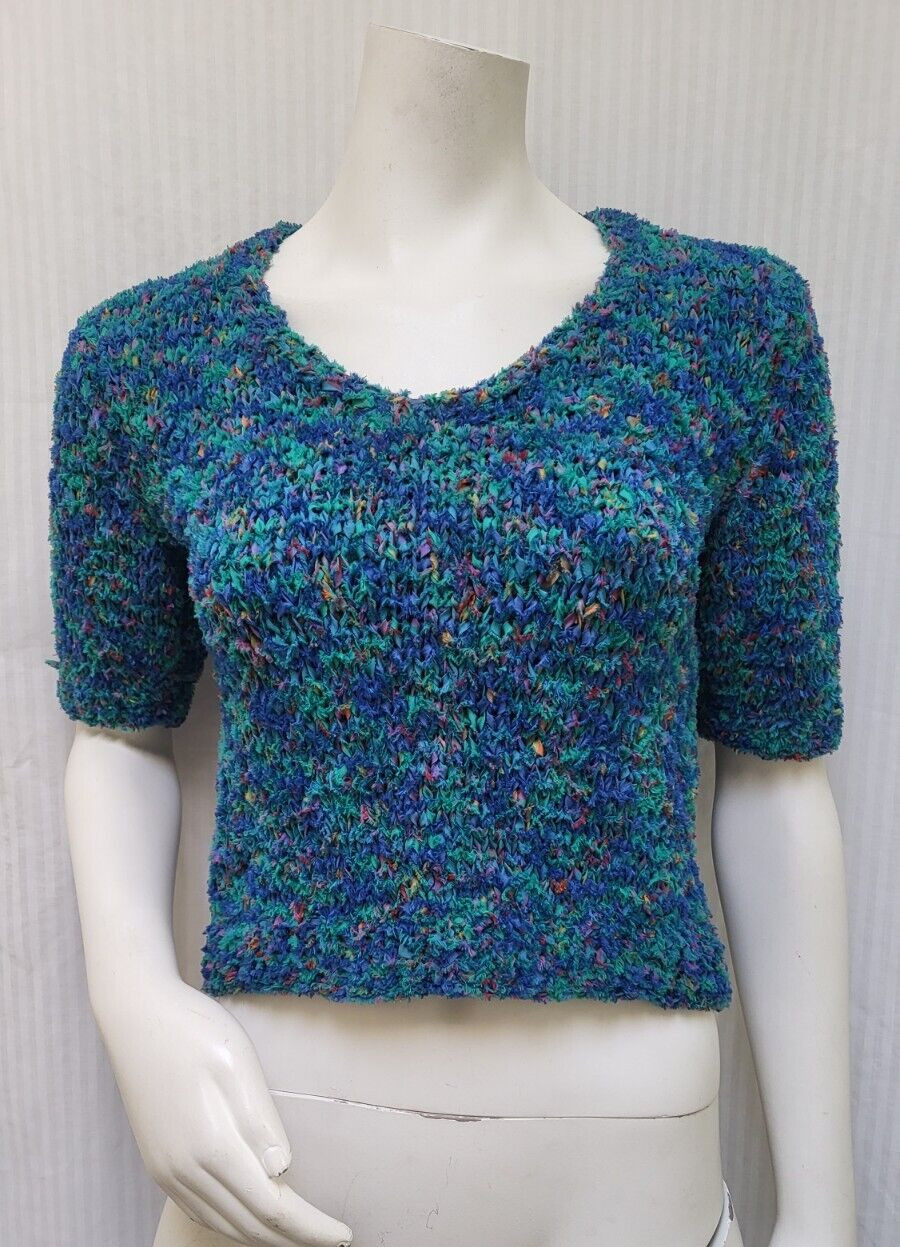 Vintage Handmade Blue Green Multi Tape Yarn Knitted Sweater – Size S – EUC