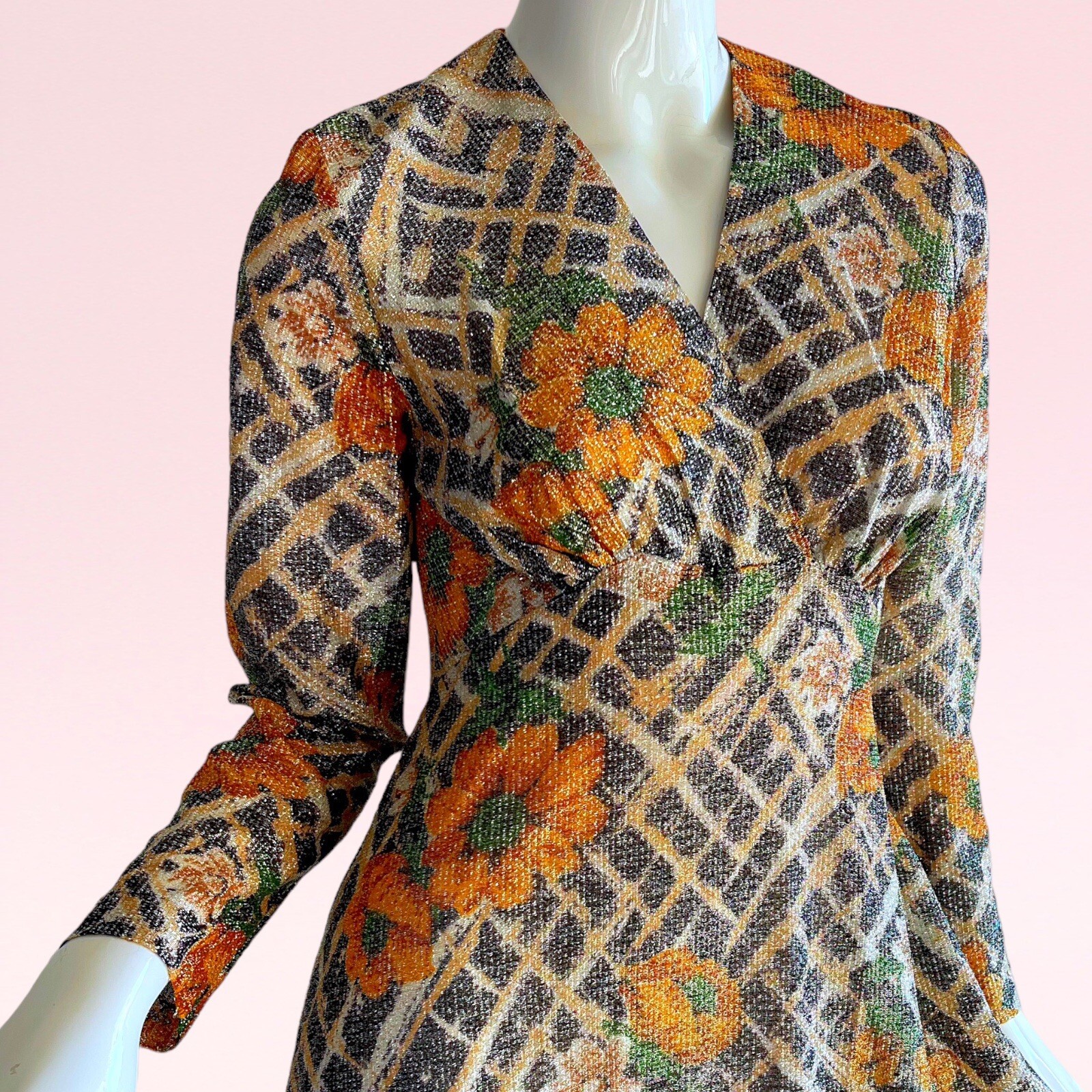1970s Vintage Avalon Metallic Gold Lame Sunflower Novelty Print Maxi Dress