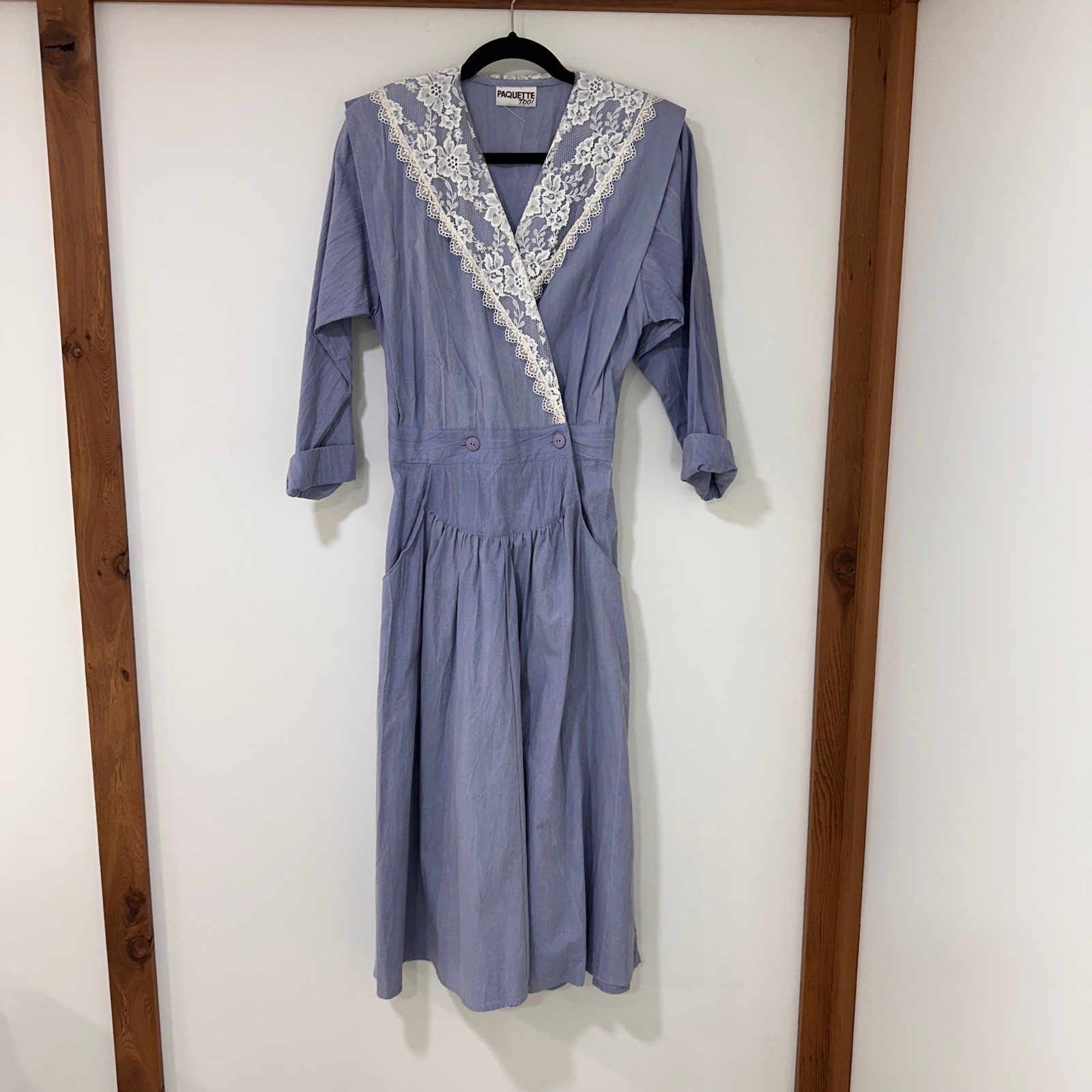 Paquette Too Vintage Lace Trim Wrap Midi Dress Womens Size 12 Blue | Cottagecore