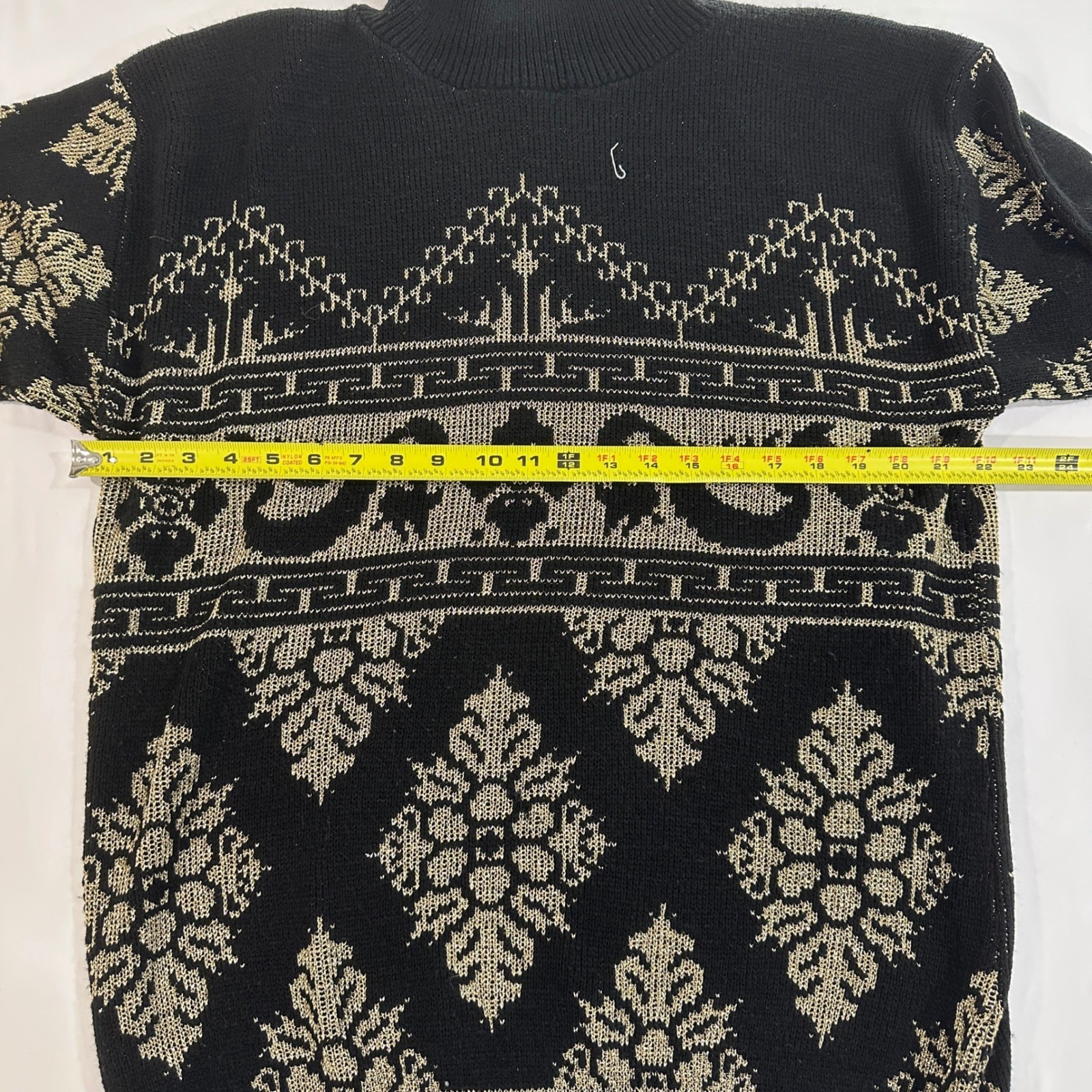 Rose Vintage Sweater Turtleneck Womens XL Black Gold Lurex Knit Intarsia USA 80s