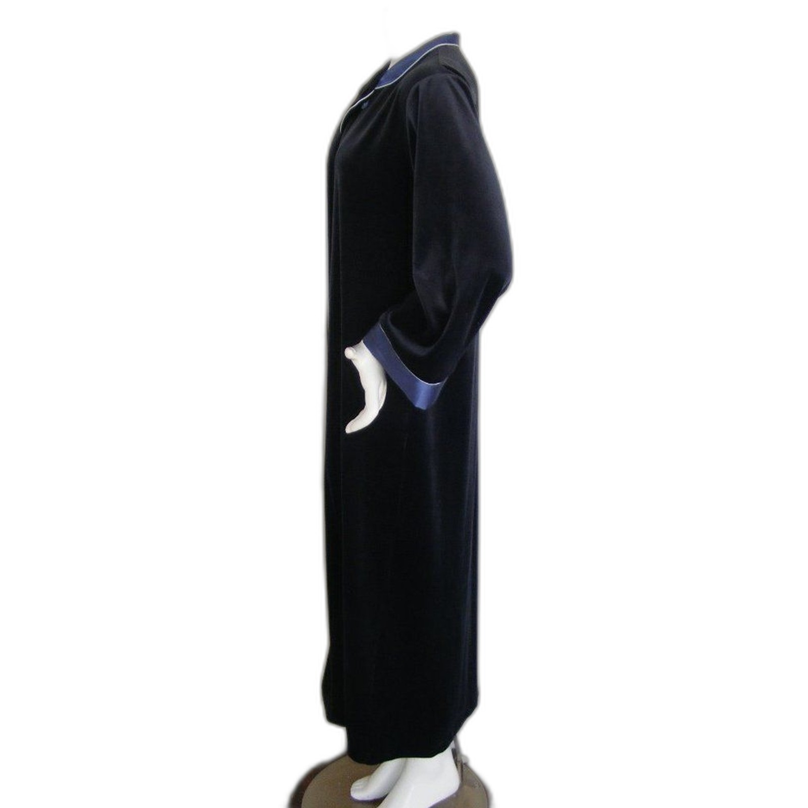 HALSTON Robe, M, Dark Blue, Velour/Satin, Vintage, Long sleeve, button front,