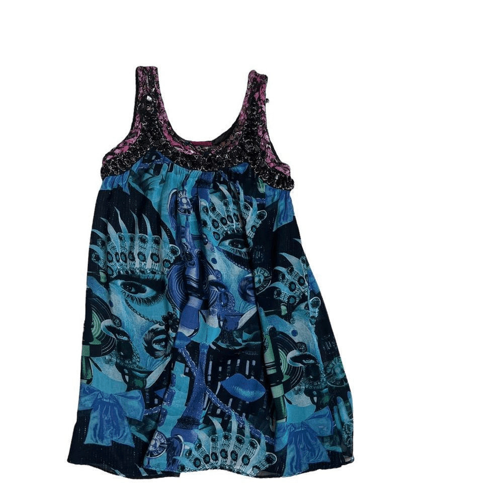 Custo Barcelona Silk Blend Beaded Tunic Dress Abstract Print Blue Size 36 XS (08