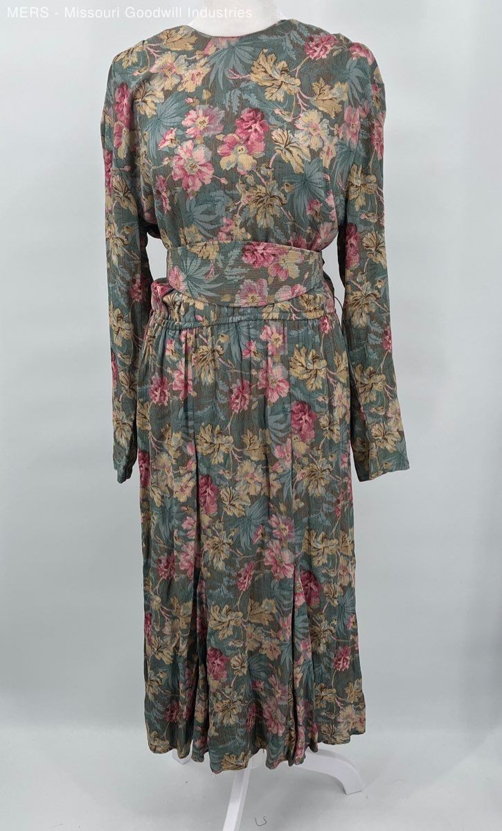 Michelle Stuart Womens Green Floral Pattern Long Sleeve Dress With Belt Size 6