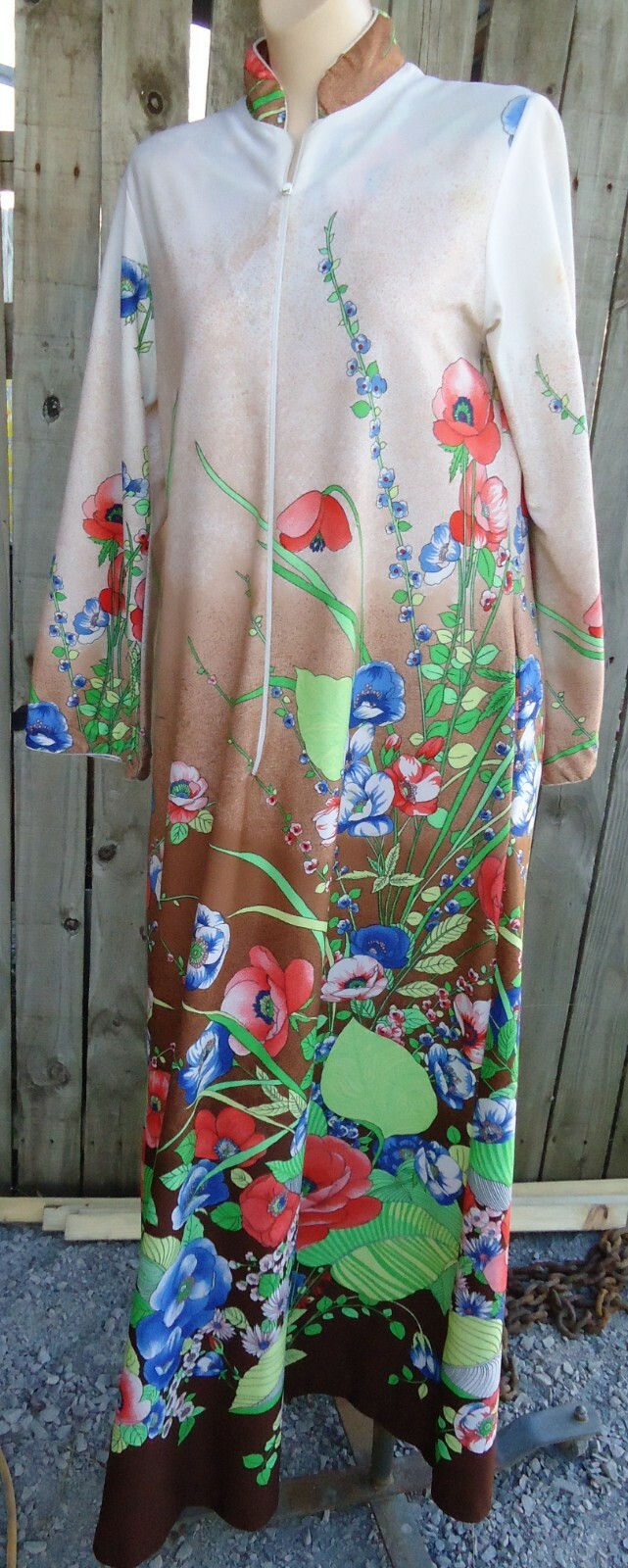 Vtg Silky M 12/14 Maxi Tropical Floral Zippered Lingerie Lounging Robe Polyester
