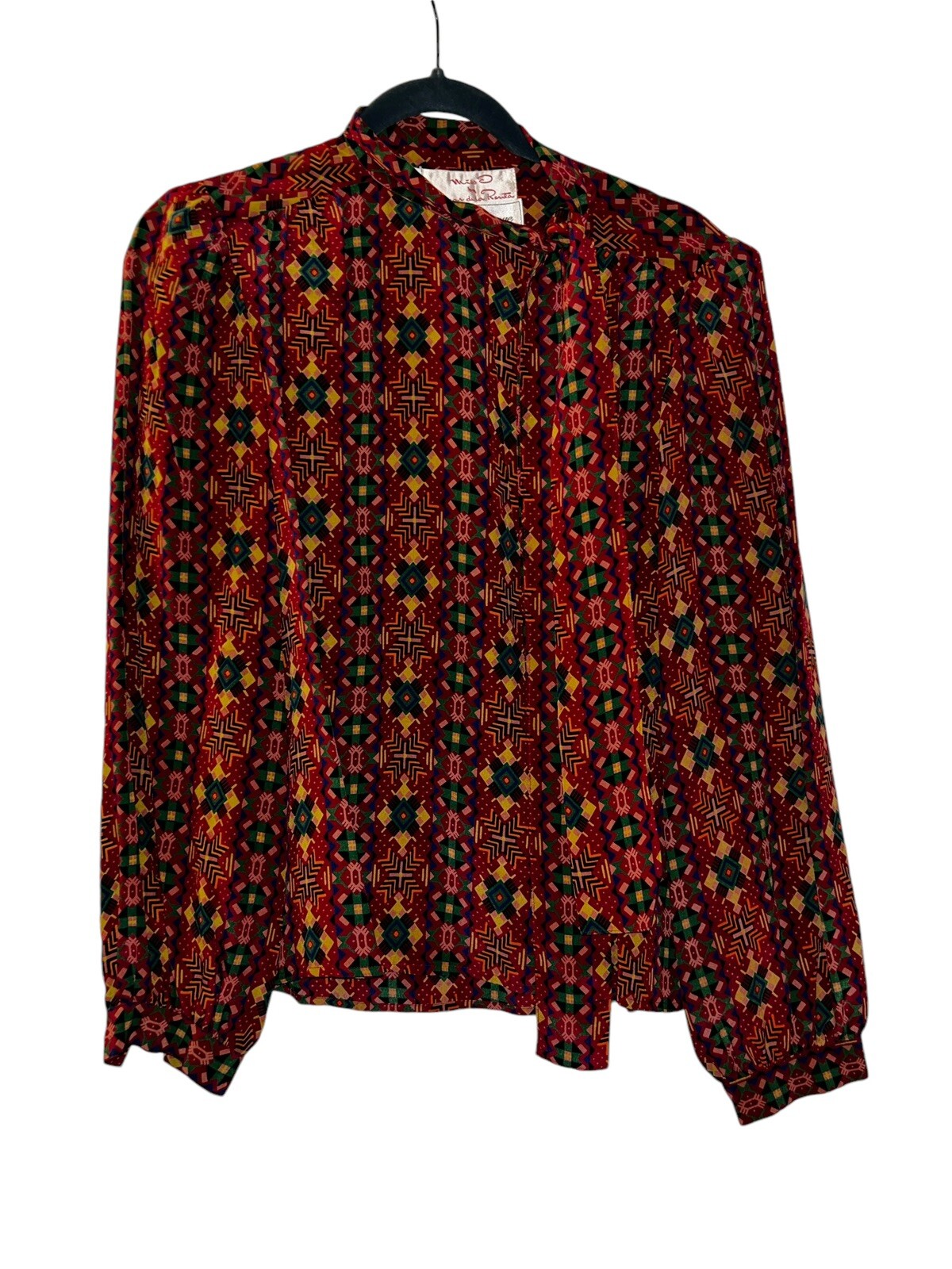 80s Oscar de la Renta Miss O 100% Silk Blouse with Tie Neck Long Sleeve
