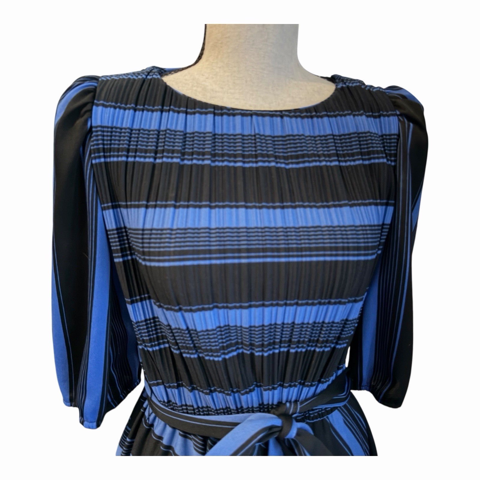 Vintage 70s S.L. Petites Blue Black Striped Tie Waist Midi Dress Made in USA S/M