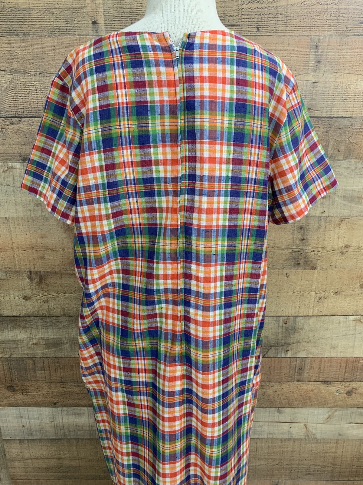 Vintage 1960s Mod Bright Plaid Woven Cotton House Dress 48” Bust /48” Waist