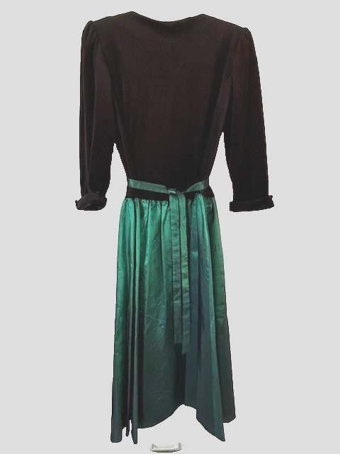 Just Ducky Vtg Dress Sz12-13 Black Velvet Emerald Green Taffeta Buttons Ties