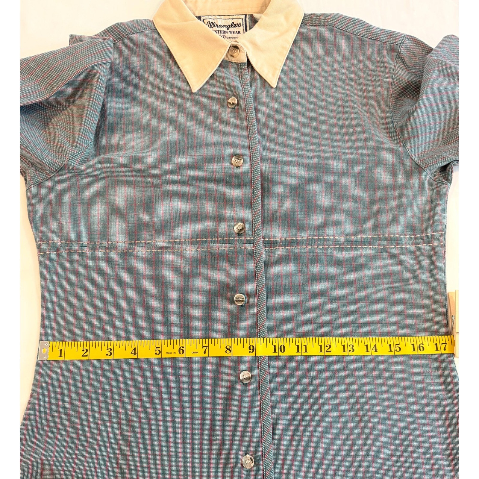 Vintage Wrangler Women’s Plaid Teal Red S Western Cowgirl Retro Button Up Shirt