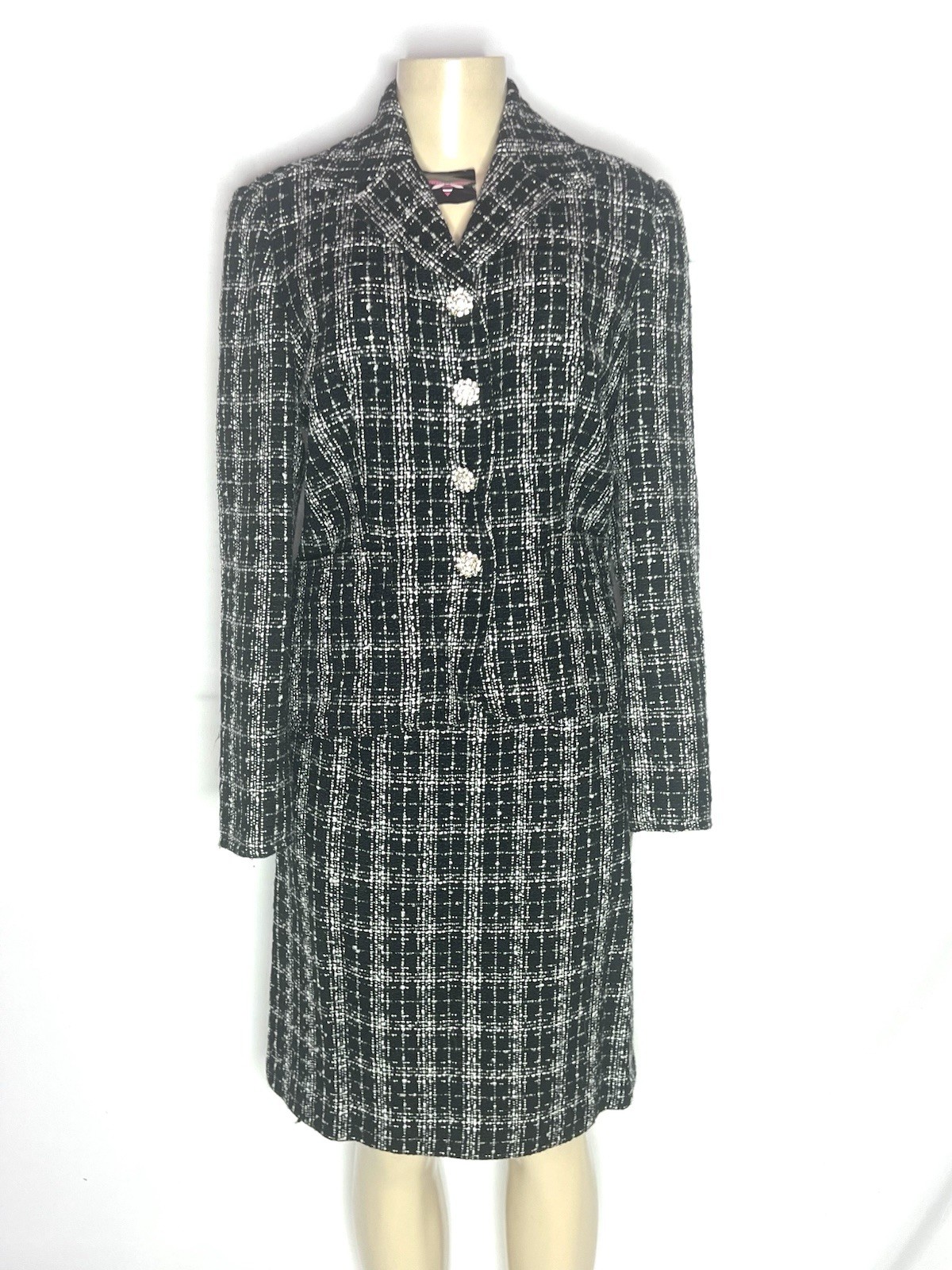 VINTAGE J. G. HOOK BLACK WHITE TWEED SUIT WITH RHINESTONE BUTTON SIZE 6