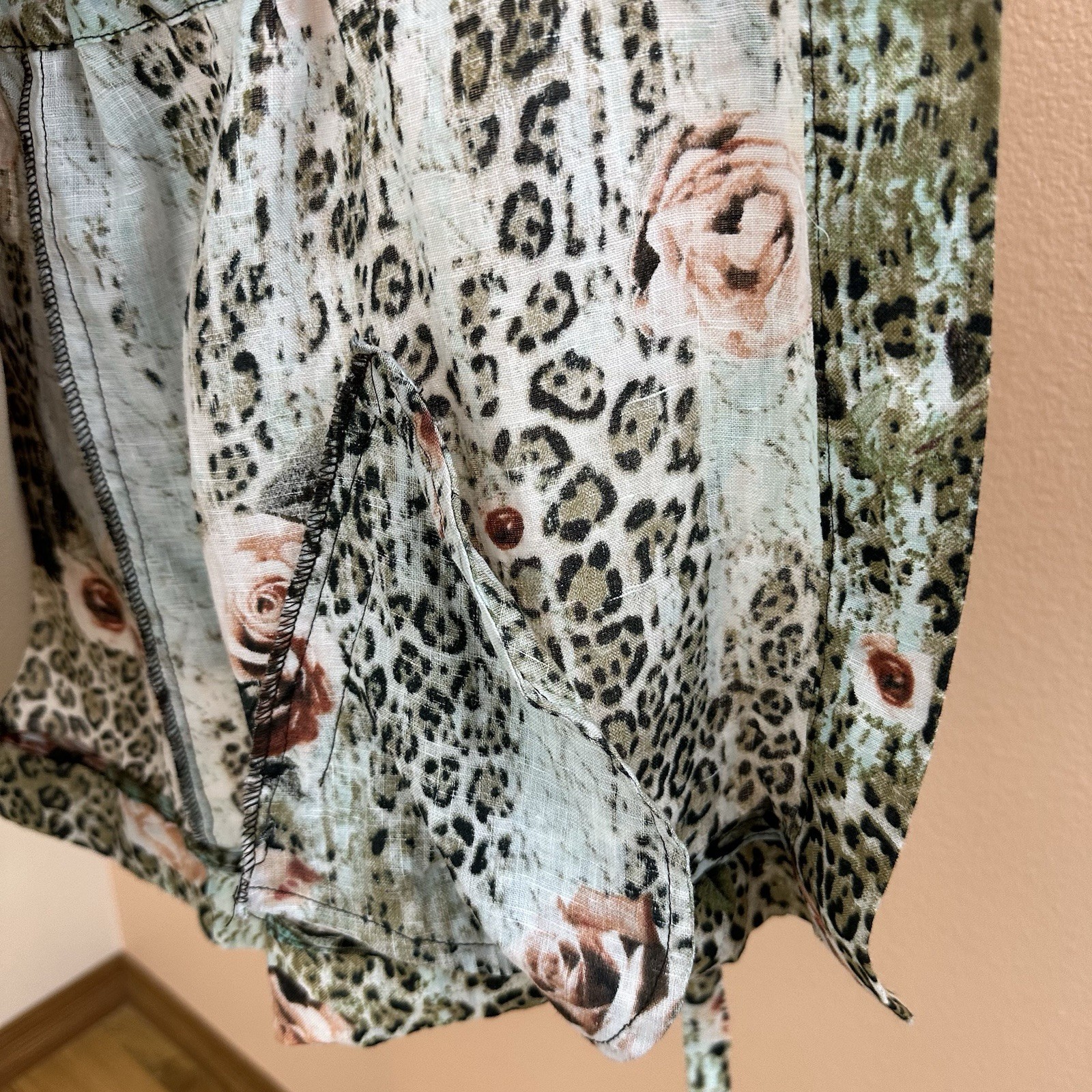 VTG Alberto Makali Linen Jacket XL Art To Wear Leopard Floral Belted Made in USA