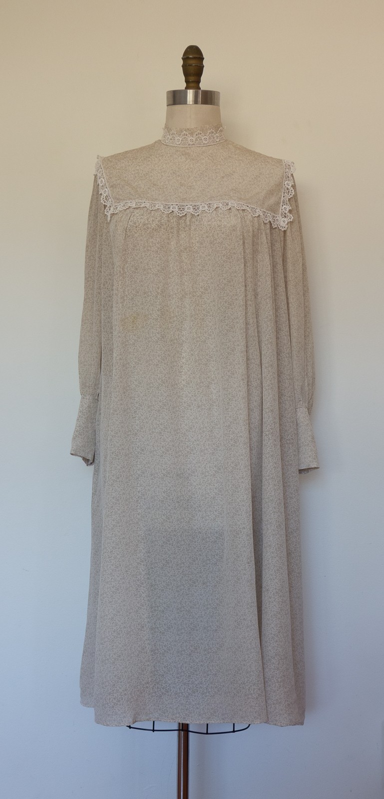 Vtg Jessica Mclintock Ditsy Silk Chiffon Midi Dress Lace Trim W’s M Grey