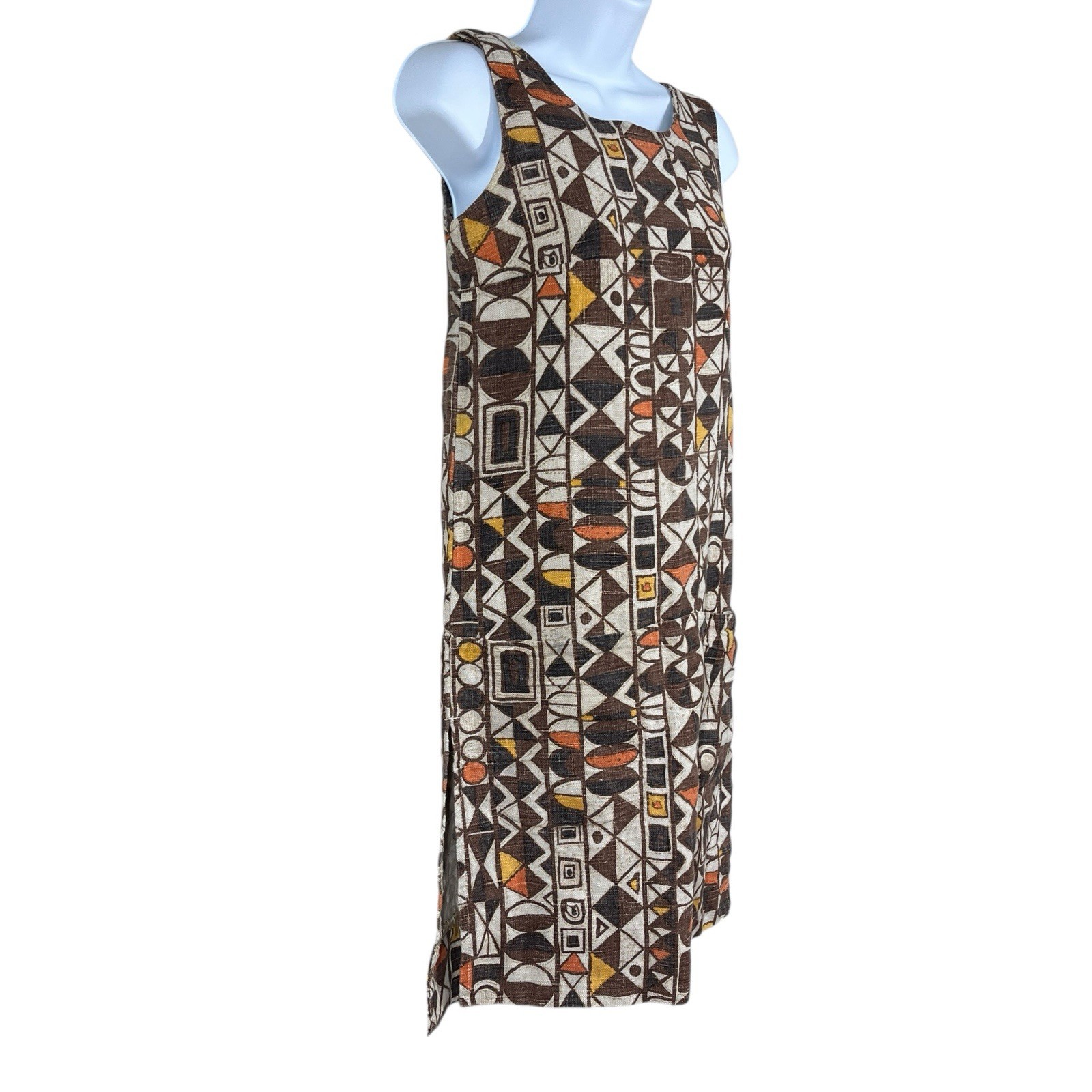 Vintage 1970s Hunter Sportswear Heavyweight Linen Shift Dress Sz M Mod Geometric