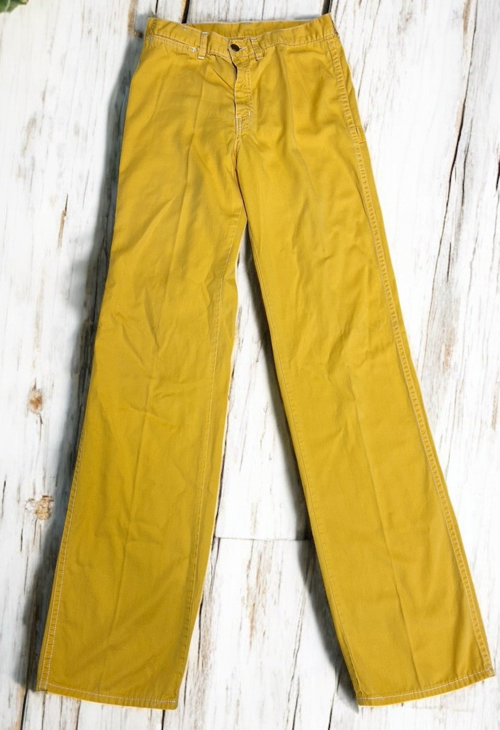 Vtg 70s Pants Cargo Jeans Womens 31×36 Yellow Mustard Flat Front Creased Tall