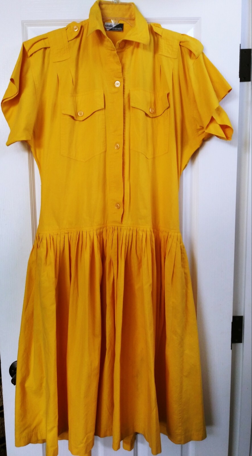 VTG Sunshine Starshine Yellow Pickets Drop Waist Pleated Cotton Shirt Dress XL