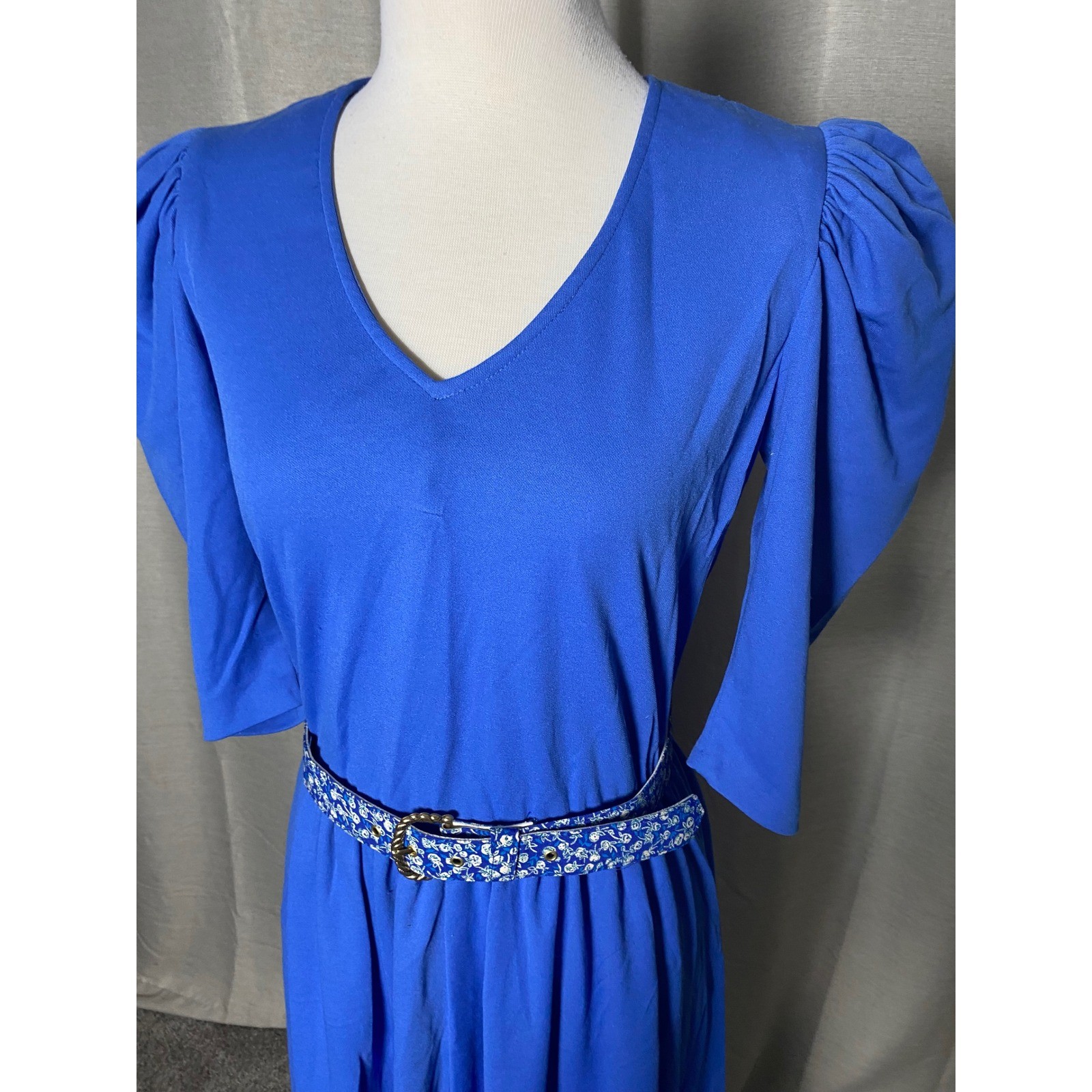 Vintage 70s Puff Sleeve Midi Dress Blue V-Neck A-Line Retro Disco Size 11
