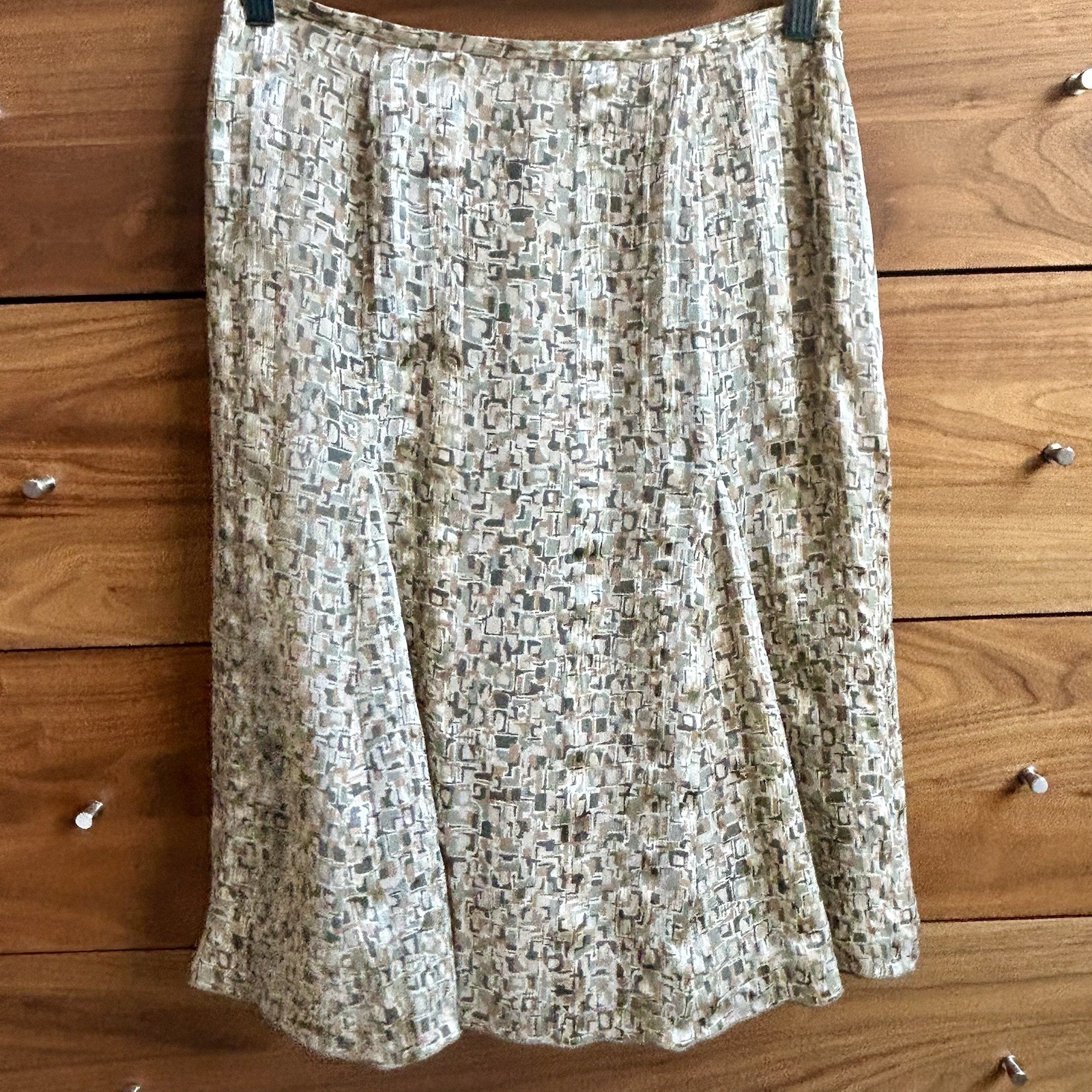 Vintage Y2K Talbots Silk Skirt Sz 4 P, Tan Greens Flare Lined Knee Length 27”W